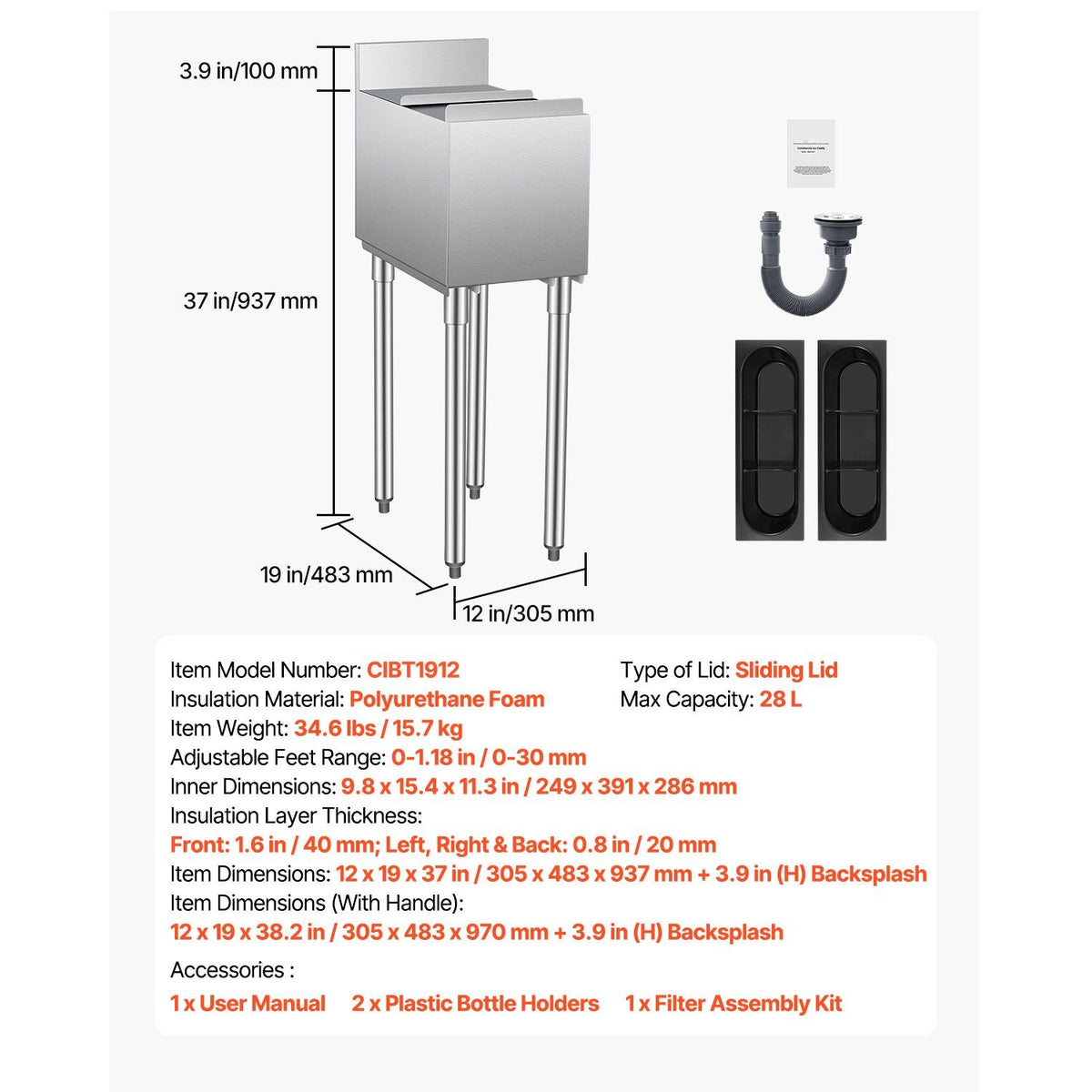 Commercial Ice Bin, 28 L Underbar Ice Bin, 12 x 19 x 37 in Stainless Steel Ice Chest with Sliding Lid, Bottle Holders, Adjustable Bullet Feet, Cooler Cart Cocktail Unit for Bar Restaurant Pub
