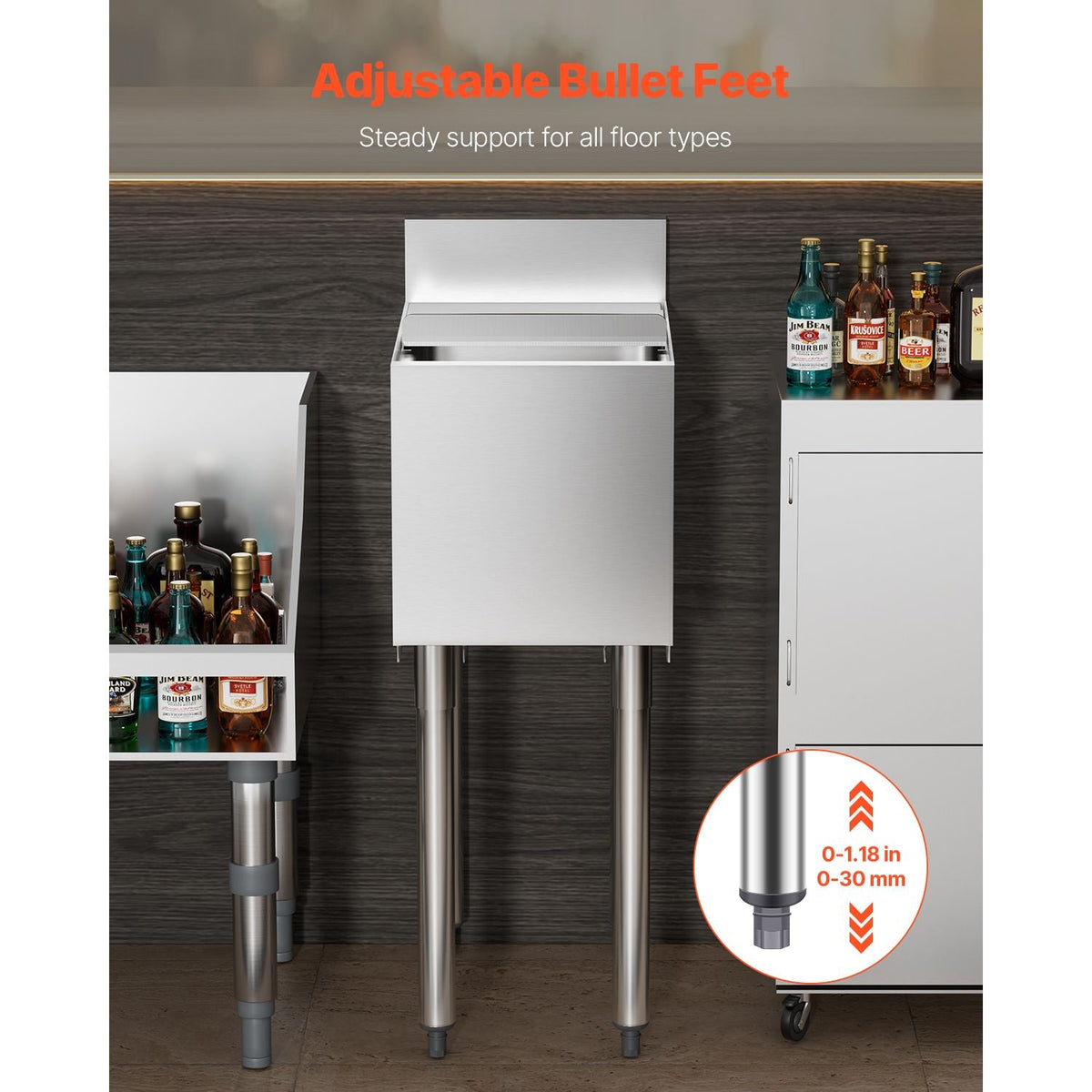 Commercial Ice Bin, 28 L Underbar Ice Bin, 12 x 19 x 37 in Stainless Steel Ice Chest with Sliding Lid, Bottle Holders, Adjustable Bullet Feet, Cooler Cart Cocktail Unit for Bar Restaurant Pub