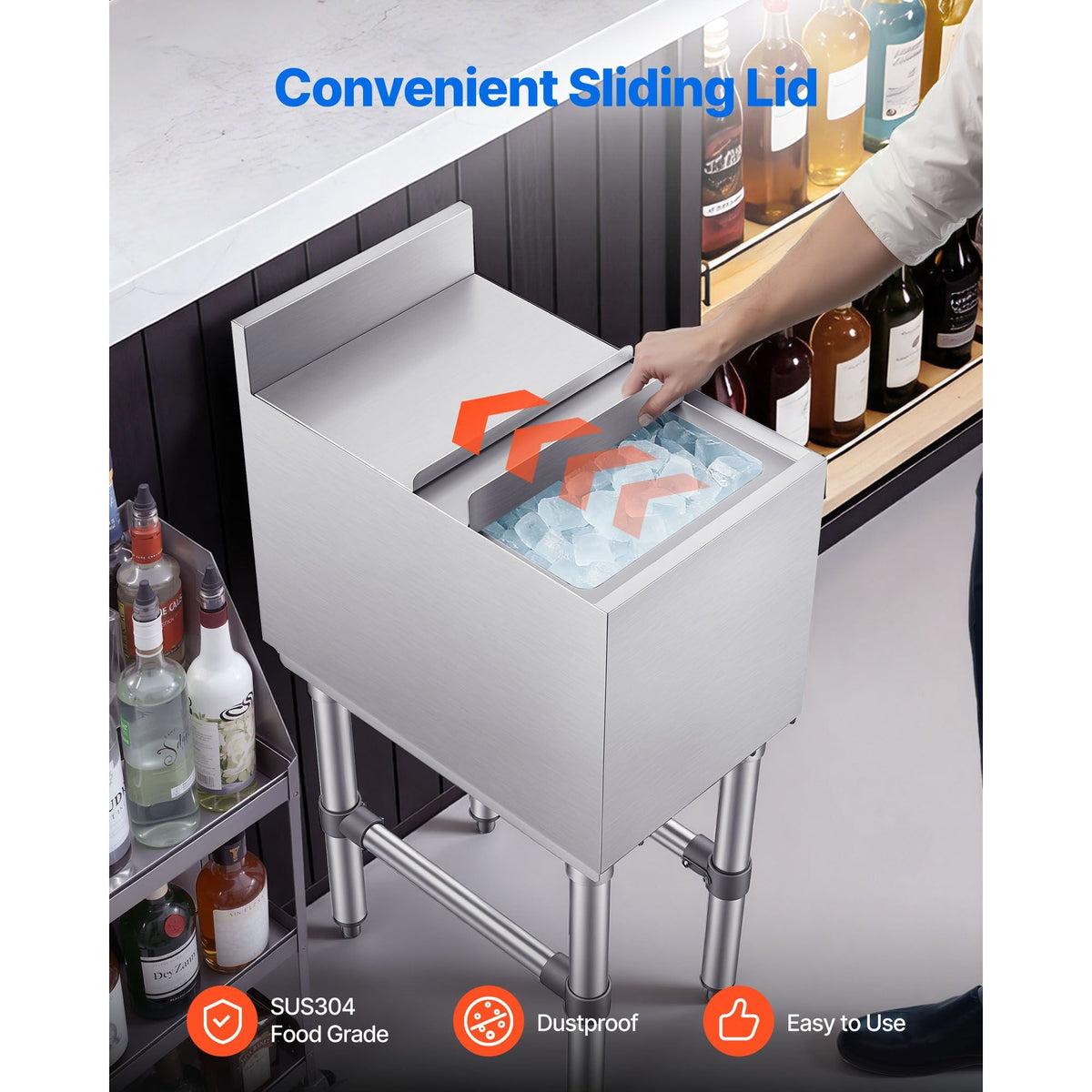 Commercial Ice Bin, 29.6 Qt Max Capacity, 12 x 19 x 33 Inch Stainless Steel Ice Chest with Sliding Lid and Bottle Holders, Cooler Cart Cocktail Unit for Bar Restaurant Pub, NSF Certified