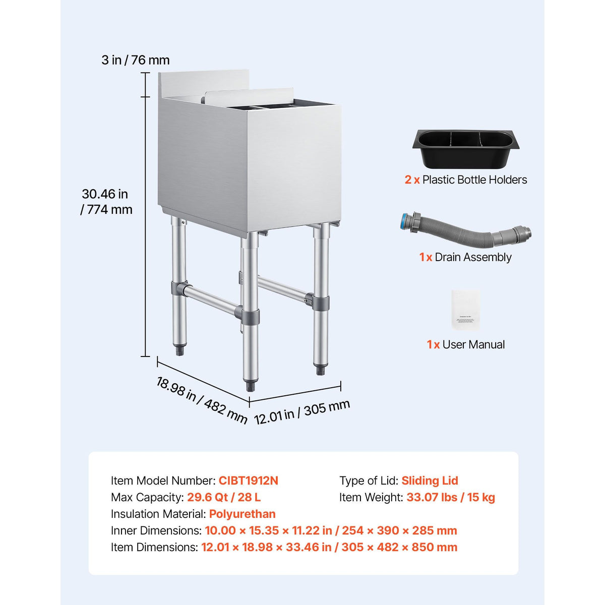 Commercial Ice Bin, 29.6 Qt Max Capacity, 12 x 19 x 33 Inch Stainless Steel Ice Chest with Sliding Lid and Bottle Holders, Cooler Cart Cocktail Unit for Bar Restaurant Pub, NSF Certified