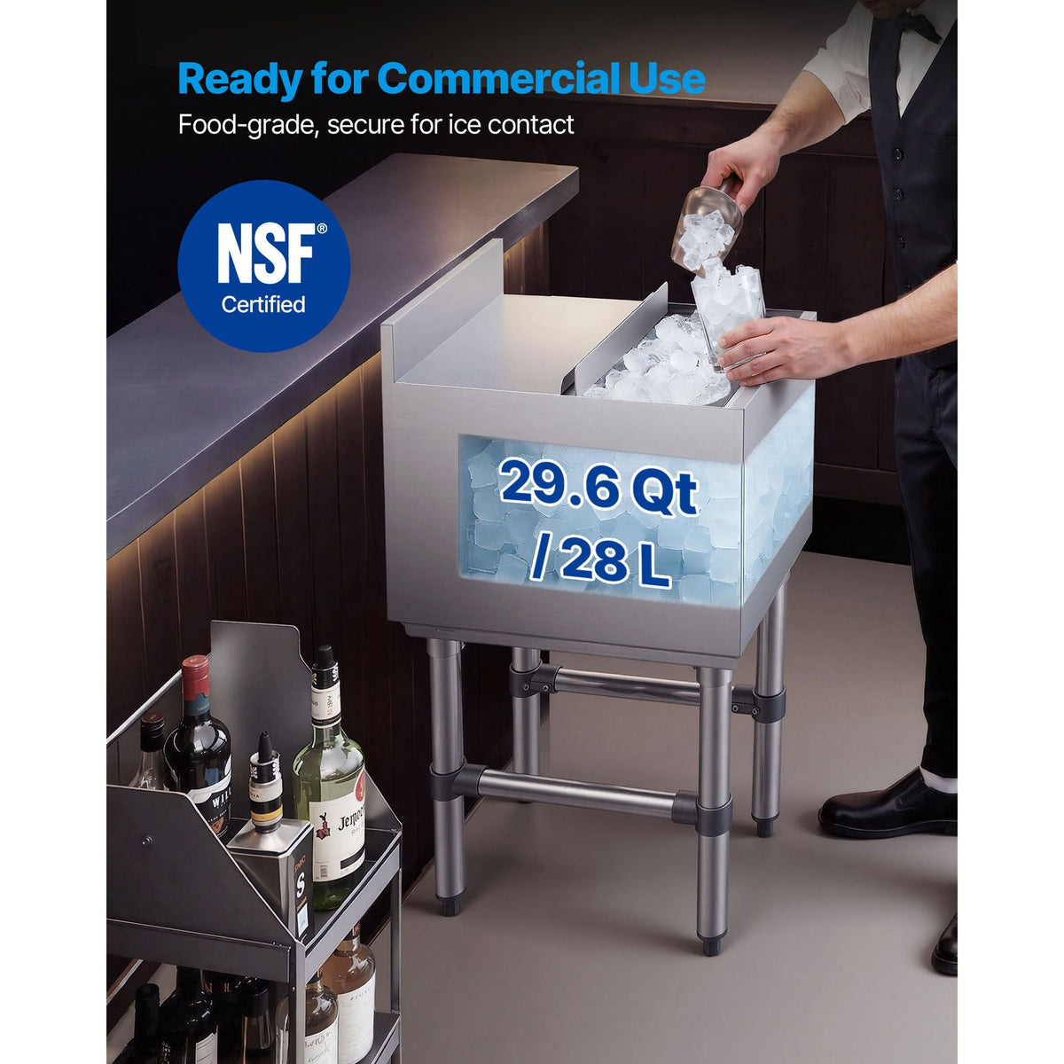Commercial Ice Bin, 29.6 Qt Max Capacity, 12 x 19 x 33 Inch Stainless Steel Ice Chest with Sliding Lid and Bottle Holders, Cooler Cart Cocktail Unit for Bar Restaurant Pub, NSF Certified