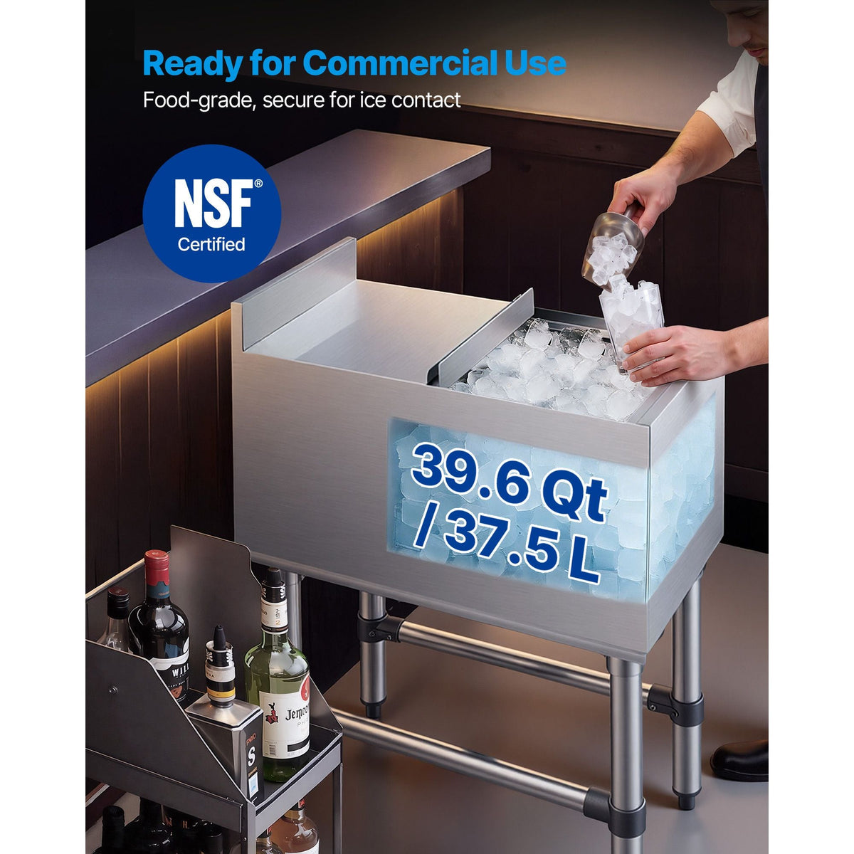 Commercial Ice Bin, 39.6 Qt Max Capacity, 12 x 24 x 33 Inch Stainless Steel Ice Chest with Sliding Lid, 24H Long-Lasting Insulation, Cooler Cart Cocktail Unit for Bar Restaurant Pub, NSF