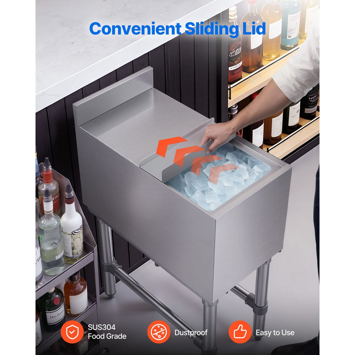 Commercial Ice Bin, 39.6 Qt Max Capacity, 12 x 24 x 33 Inch Stainless Steel Ice Chest with Sliding Lid, 24H Long-Lasting Insulation, Cooler Cart Cocktail Unit for Bar Restaurant Pub, NSF