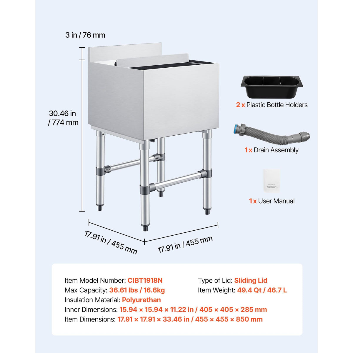 Commercial Ice Bin, 49.4 Qt Max Capacity, 18 x 18 x 33 Inch Stainless Steel Ice Chest with Sliding Lid and Bottle Holders, Cooler Cart Cocktail Unit for Bar Restaurant Pub, NSF Certified