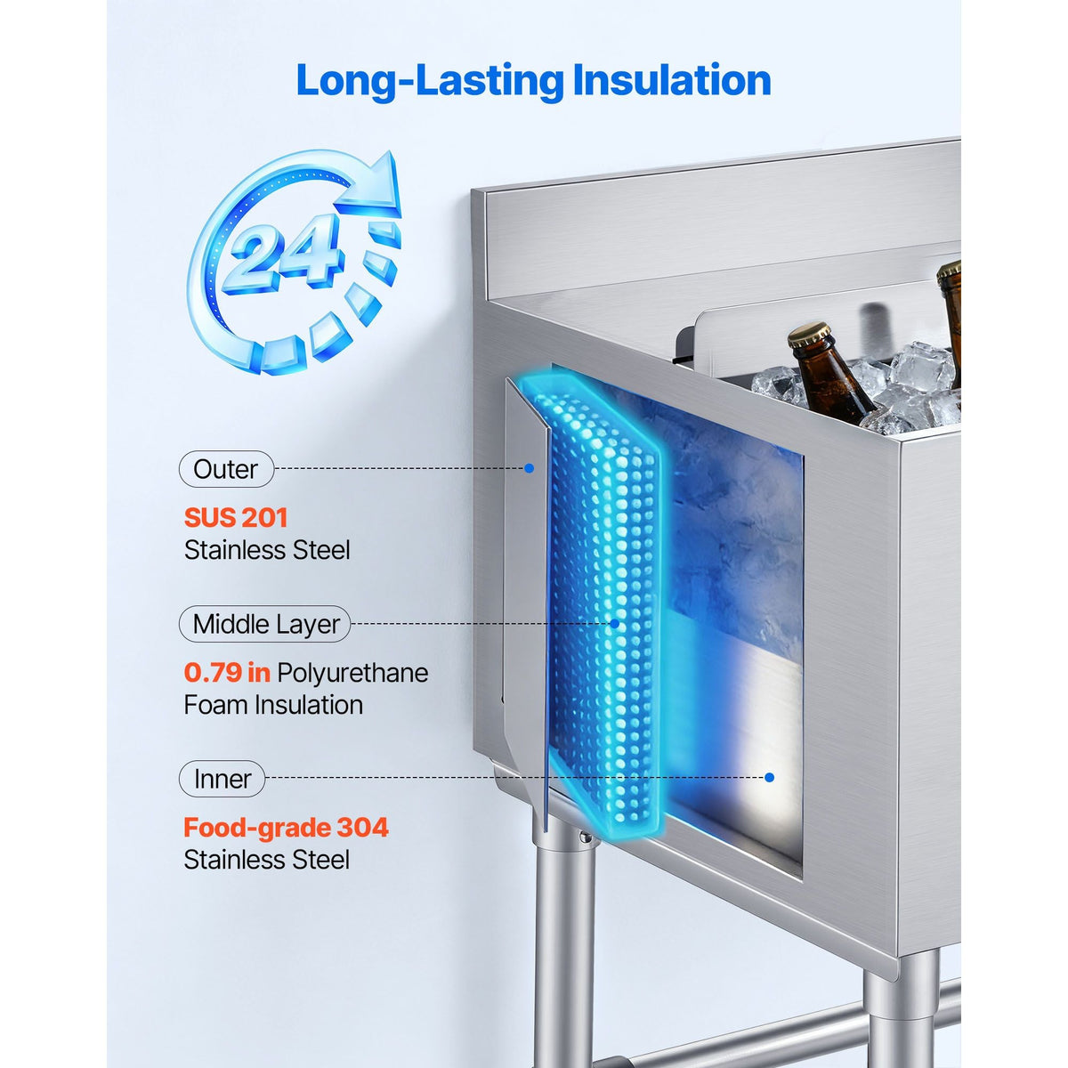 Commercial Ice Bin, 49.4 Qt Max Capacity, 18 x 18 x 33 Inch Stainless Steel Ice Chest with Sliding Lid and Bottle Holders, Cooler Cart Cocktail Unit for Bar Restaurant Pub, NSF Certified