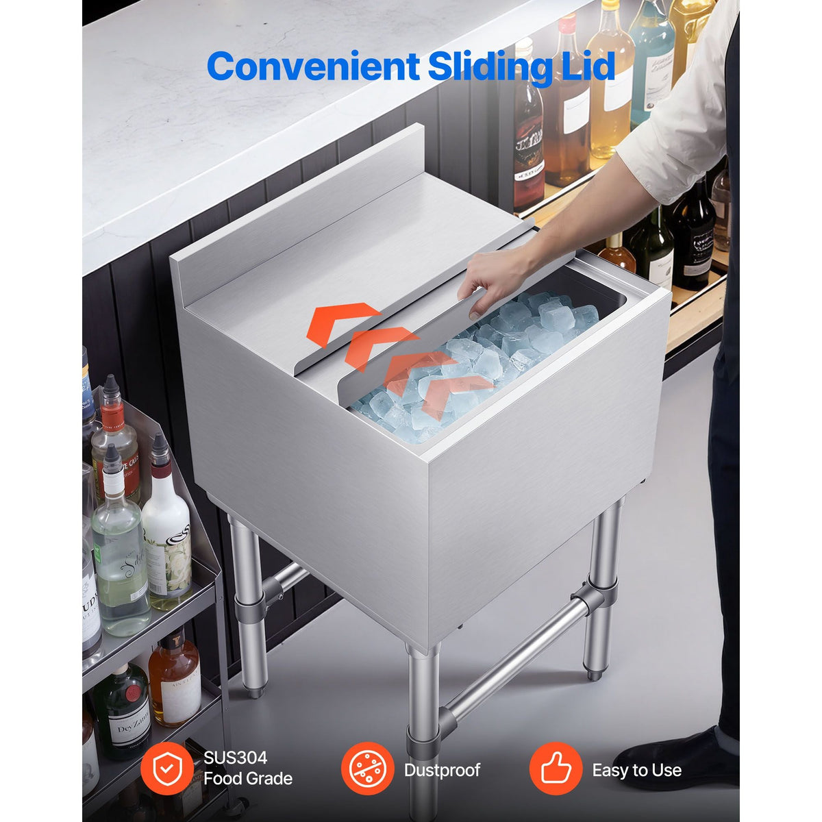 Commercial Ice Bin, 49.4 Qt Max Capacity, 18 x 18 x 33 Inch Stainless Steel Ice Chest with Sliding Lid and Bottle Holders, Cooler Cart Cocktail Unit for Bar Restaurant Pub, NSF Certified