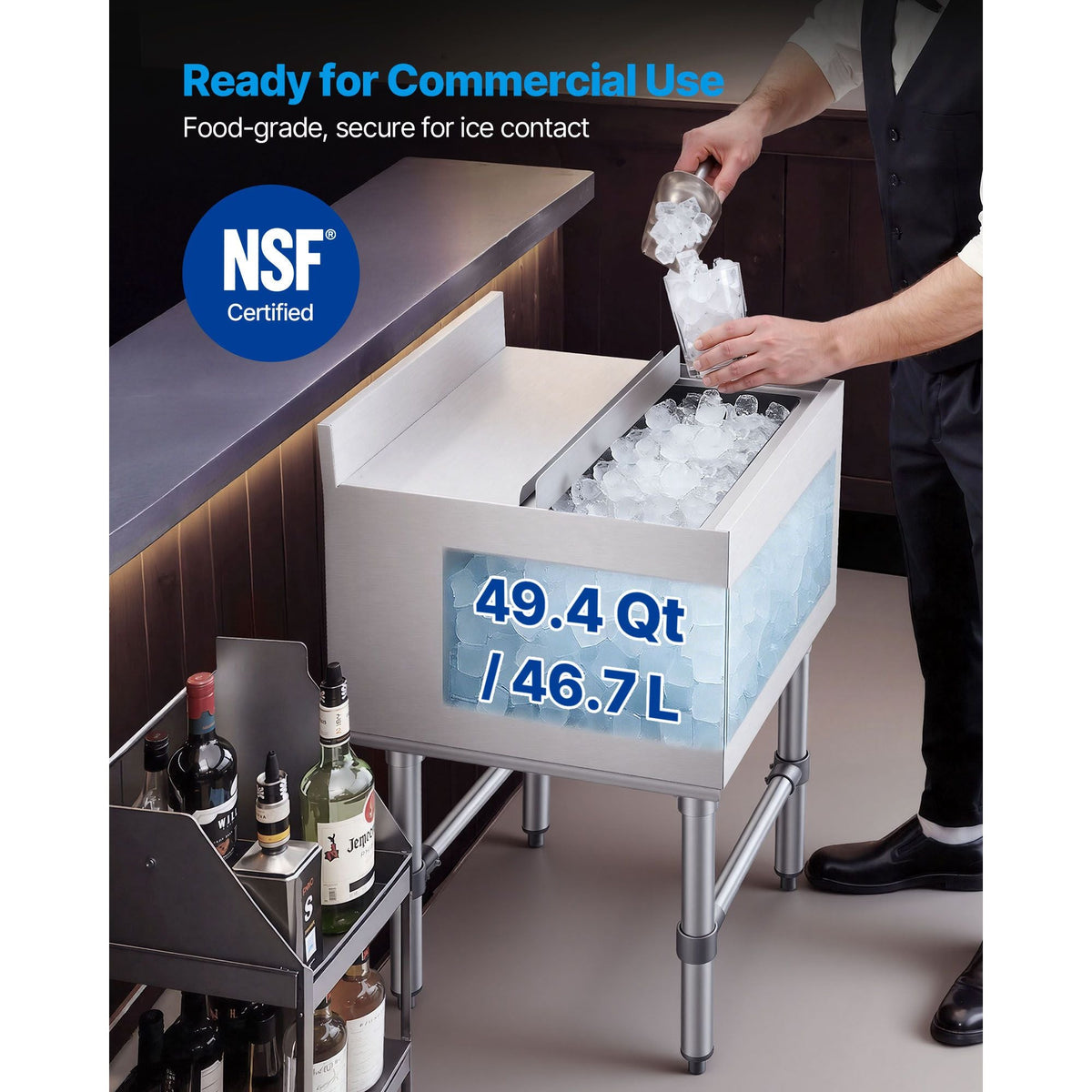 Commercial Ice Bin, 49.4 Qt Max Capacity, 18 x 18 x 33 Inch Stainless Steel Ice Chest with Sliding Lid and Bottle Holders, Cooler Cart Cocktail Unit for Bar Restaurant Pub, NSF Certified