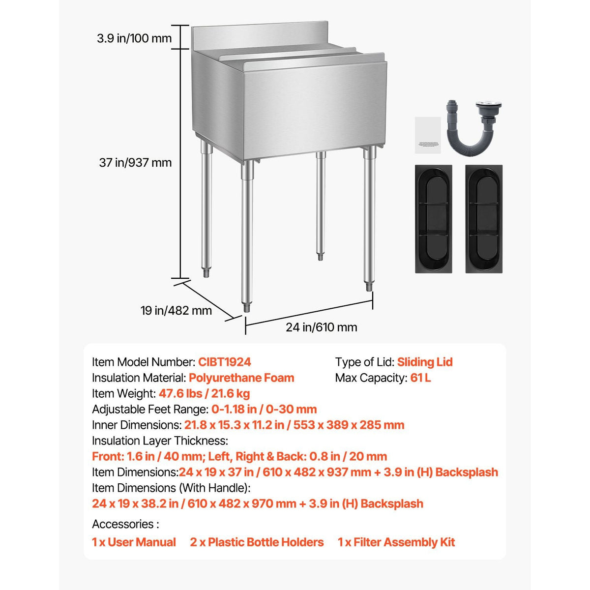 Commercial Ice Bin, 61 L Underbar Ice Bin, 24 x 19 x 37 in Stainless Steel Ice Chest with Sliding Lid, Bottle Holders, Adjustable Bullet Feet, Cooler Cart Cocktail Unit for Bar Restaurant Pub