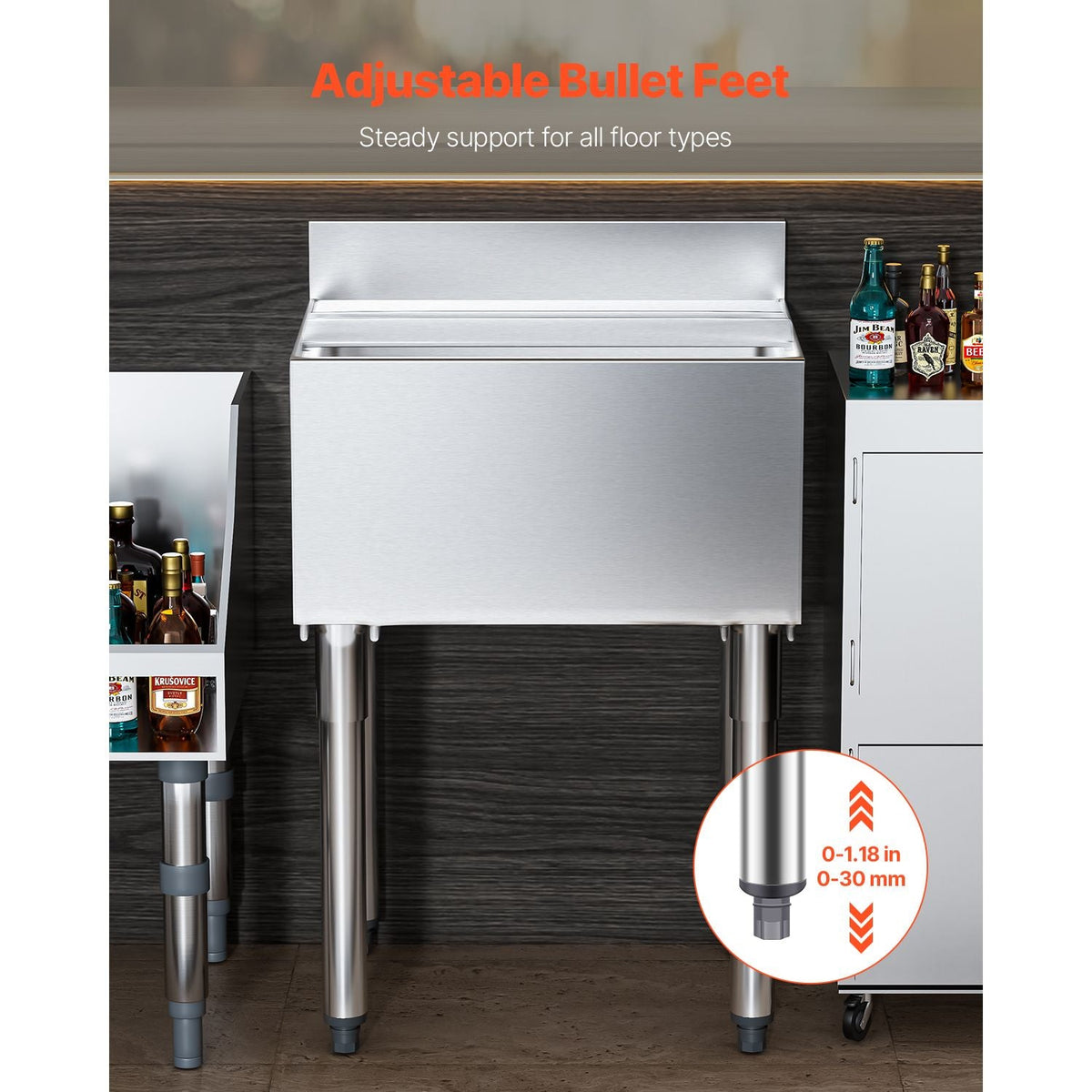 Commercial Ice Bin, 61 L Underbar Ice Bin, 24 x 19 x 37 in Stainless Steel Ice Chest with Sliding Lid, Bottle Holders, Adjustable Bullet Feet, Cooler Cart Cocktail Unit for Bar Restaurant Pub