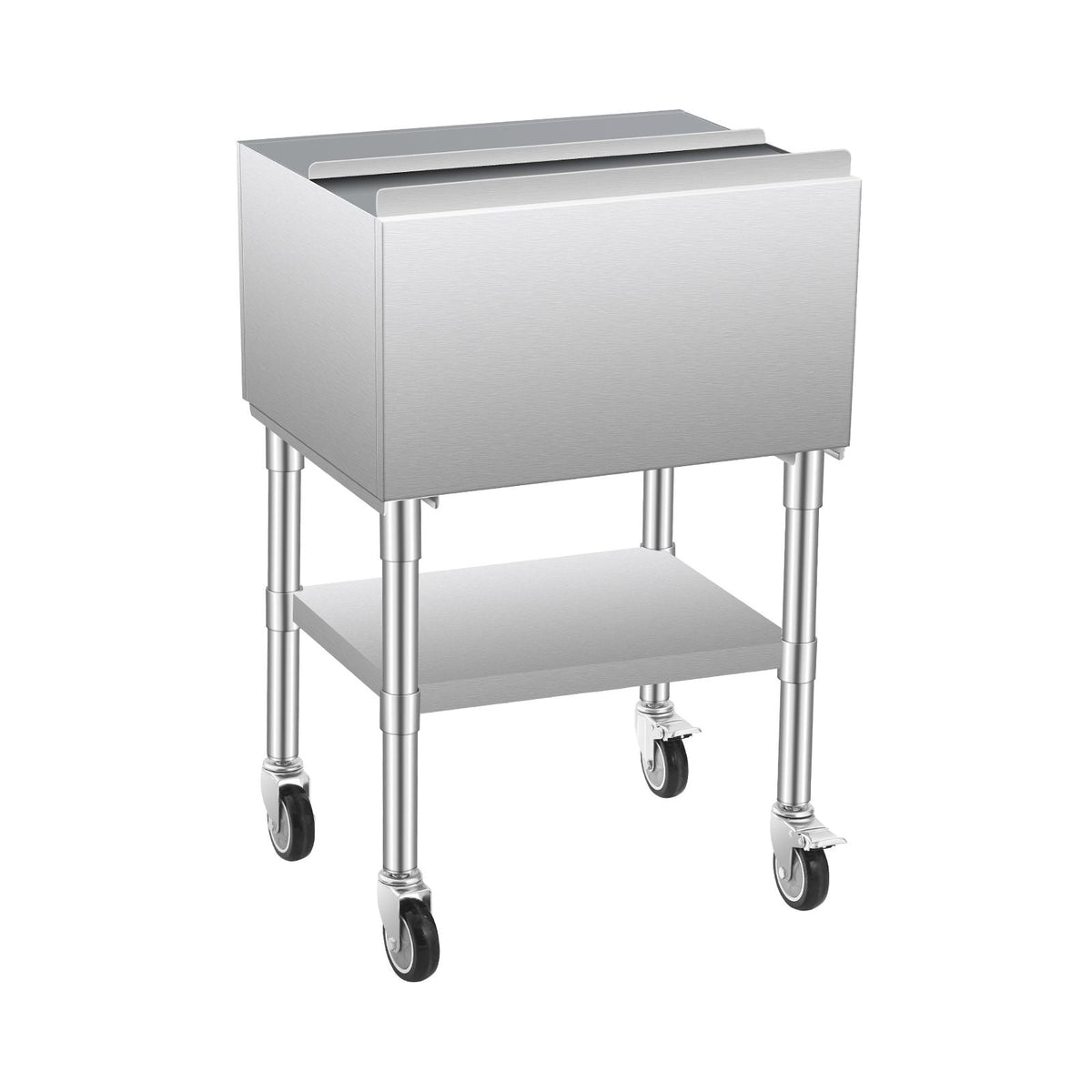 Commercial Ice Bin, 61.6 L Rolling Ice Chest on Wheels, 24 x 19.1 x 36.8 in Stainless Steel Cooler Cart with Sliding Lid, Bottom Storage Tray, Adjustable Bullet Feet, for Bar, Restaurant, Pub