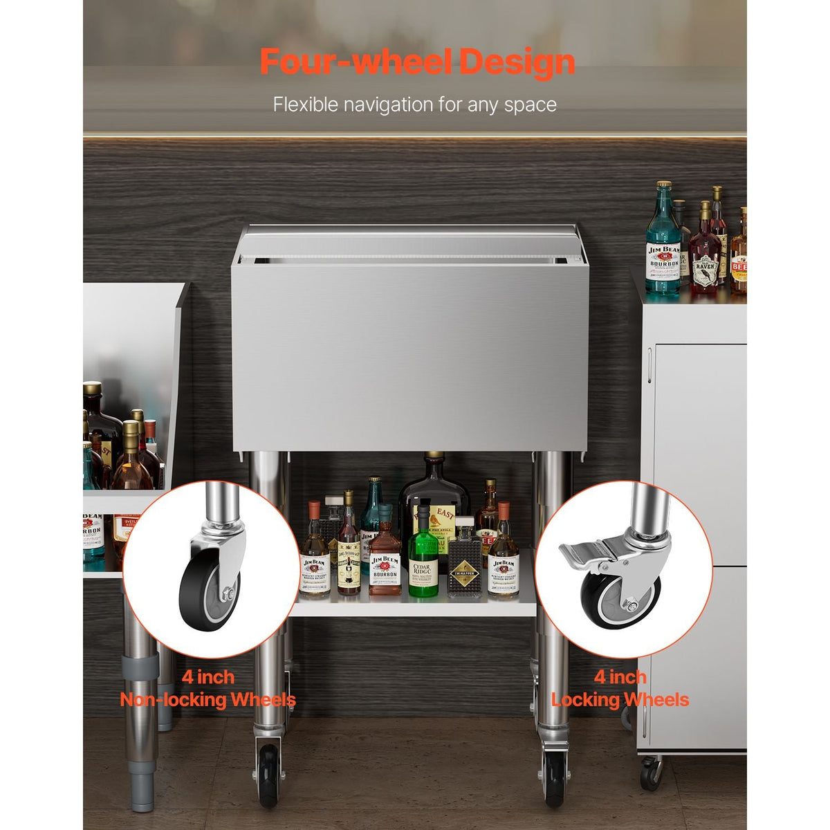 Commercial Ice Bin, 61.6 L Rolling Ice Chest on Wheels, 24 x 19.1 x 36.8 in Stainless Steel Cooler Cart with Sliding Lid, Bottom Storage Tray, Adjustable Bullet Feet, for Bar, Restaurant, Pub