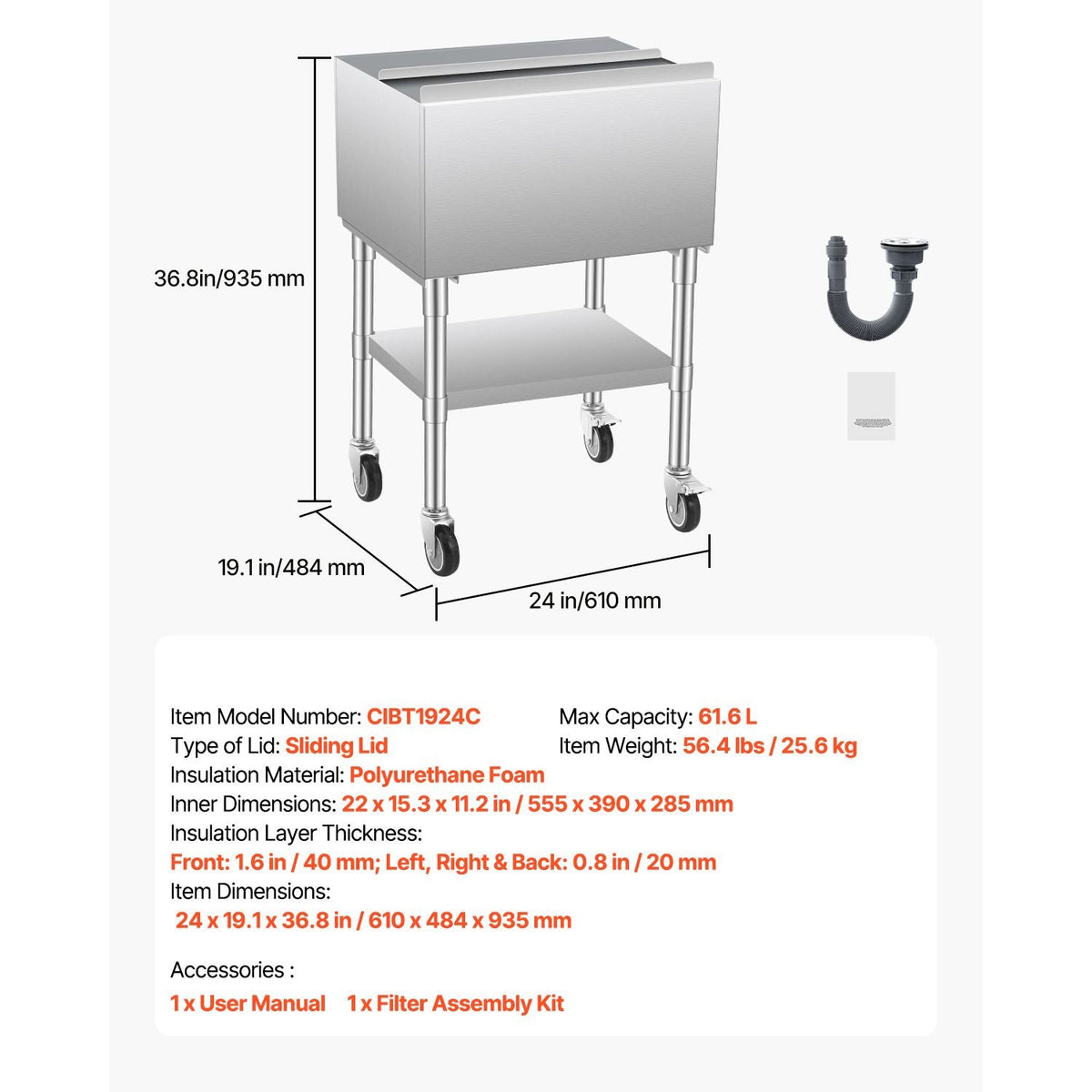Commercial Ice Bin, 61.6 L Rolling Ice Chest on Wheels, 24 x 19.1 x 36.8 in Stainless Steel Cooler Cart with Sliding Lid, Bottom Storage Tray, Adjustable Bullet Feet, for Bar, Restaurant, Pub