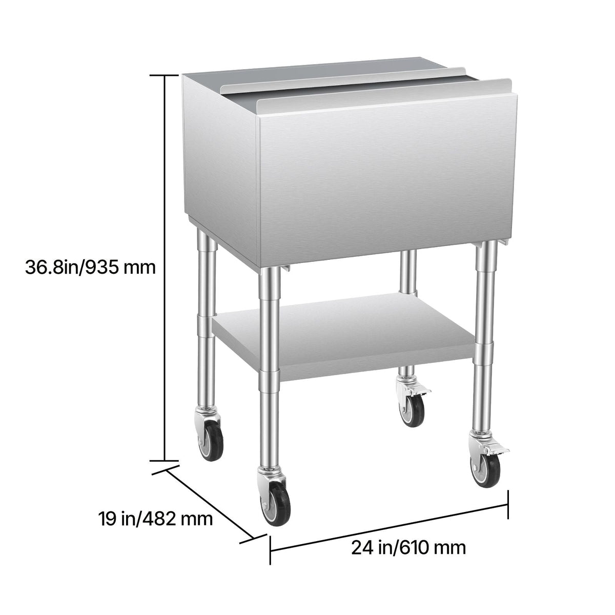 Commercial Ice Bin, 61.6 L Rolling Ice Chest on Wheels, 24 x 19.1 x 36.8 in Stainless Steel Cooler Cart with Sliding Lid, Bottom Storage Tray, Adjustable Bullet Feet, for Bar, Restaurant, Pub