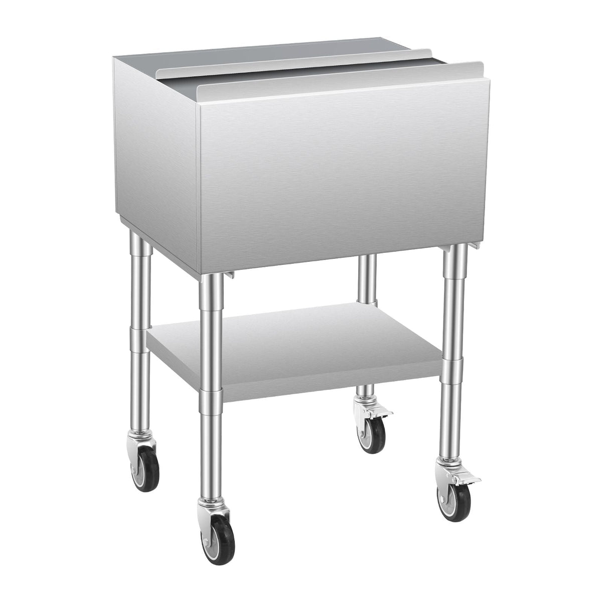 Commercial Ice Bin, 61.6 L Rolling Ice Chest on Wheels, 24 x 19.1 x 36.8 in Stainless Steel Cooler Cart with Sliding Lid, Bottom Storage Tray, Adjustable Bullet Feet, for Bar, Restaurant, Pub