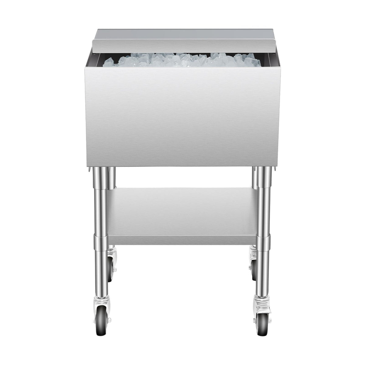 Commercial Ice Bin, 61.6 L Rolling Ice Chest on Wheels, 24 x 19.1 x 36.8 in Stainless Steel Cooler Cart with Sliding Lid, Bottom Storage Tray, Adjustable Bullet Feet, for Bar, Restaurant, Pub