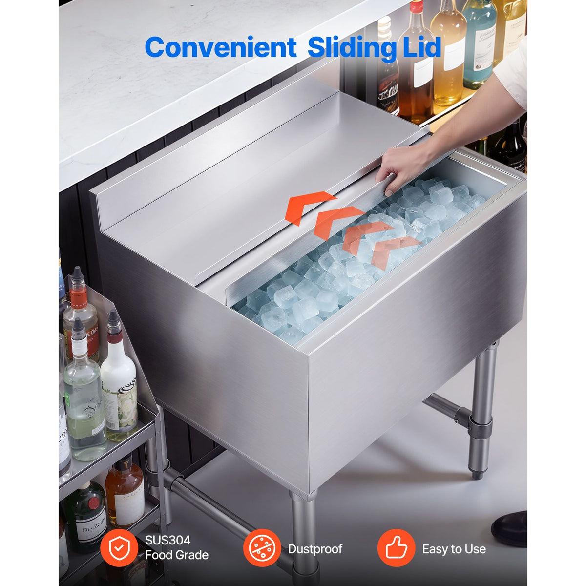 Commercial Ice Bin, 65.1 Qt Max Capacity, 24 x 19 x 33 Inch Stainless Steel Ice Chest with Sliding Lid and Bottle Holders, Cooler Cart Cocktail Unit for Bar Restaurant Pub, NSF Certified