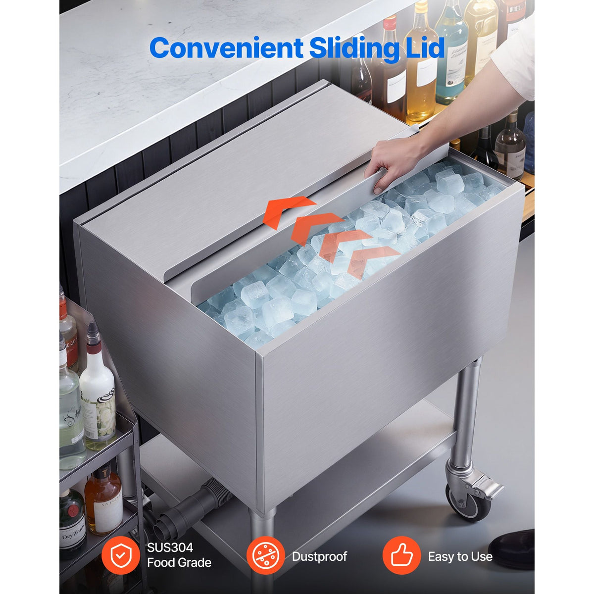 Commercial Ice Bin, 65.1 Qt Max Capacity, 24 x 19 x 35 Inch Stainless Steel Ice Chest with Sliding Lid and Bottle Holders, Cooler Cart Cocktail Unit for Bar Restaurant Pub, NSF Certified