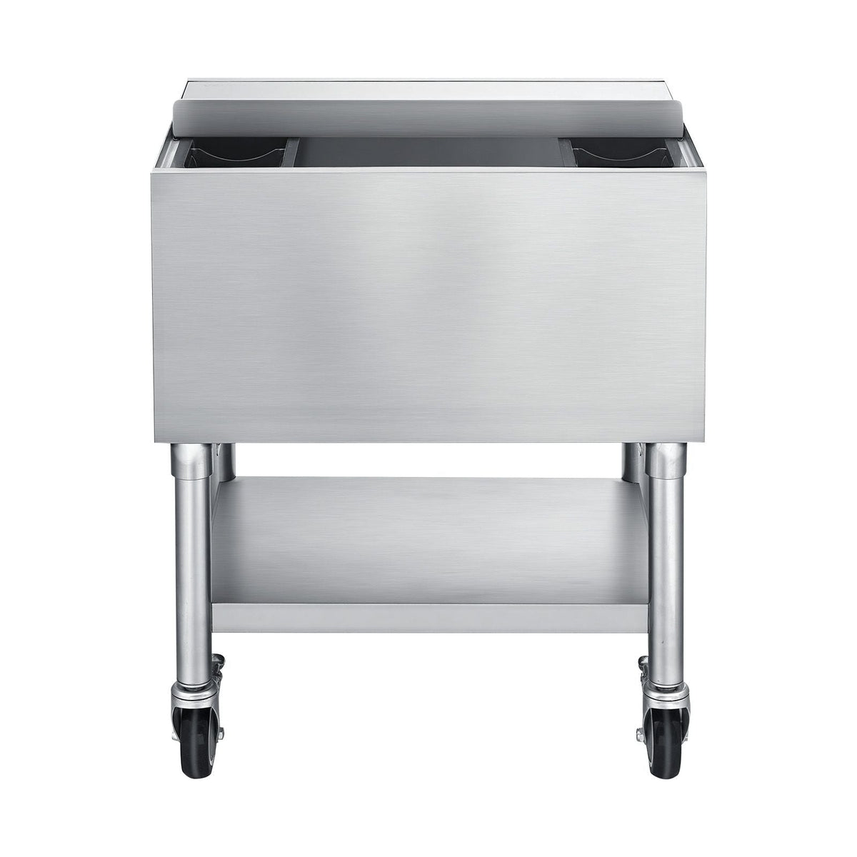 Commercial Ice Bin, 65.1 Qt Max Capacity, 24 x 19 x 35 Inch Stainless Steel Ice Chest with Sliding Lid and Bottle Holders, Cooler Cart Cocktail Unit for Bar Restaurant Pub, NSF Certified