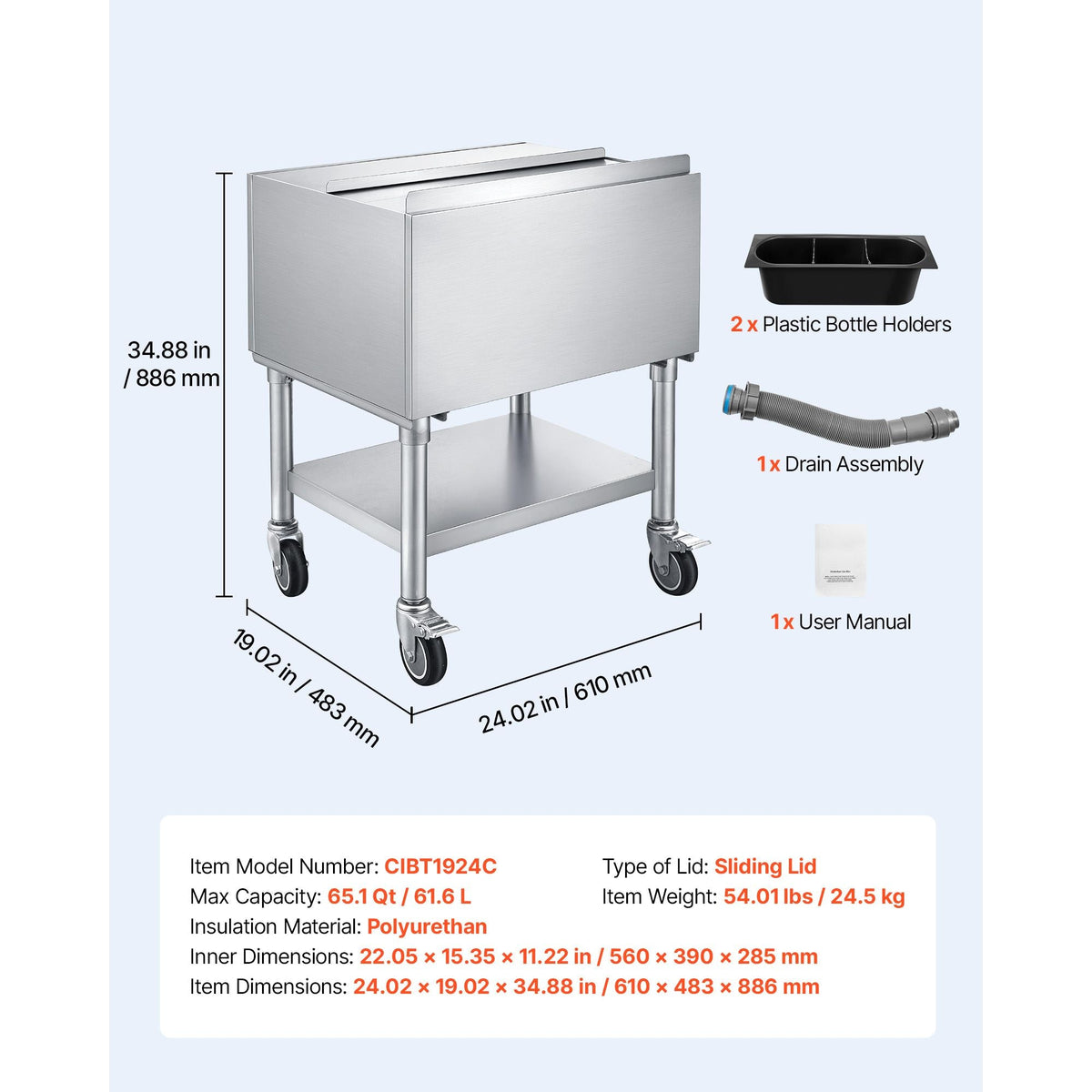 Commercial Ice Bin, 65.1 Qt Max Capacity, 24 x 19 x 35 Inch Stainless Steel Ice Chest with Sliding Lid and Bottle Holders, Cooler Cart Cocktail Unit for Bar Restaurant Pub, NSF Certified
