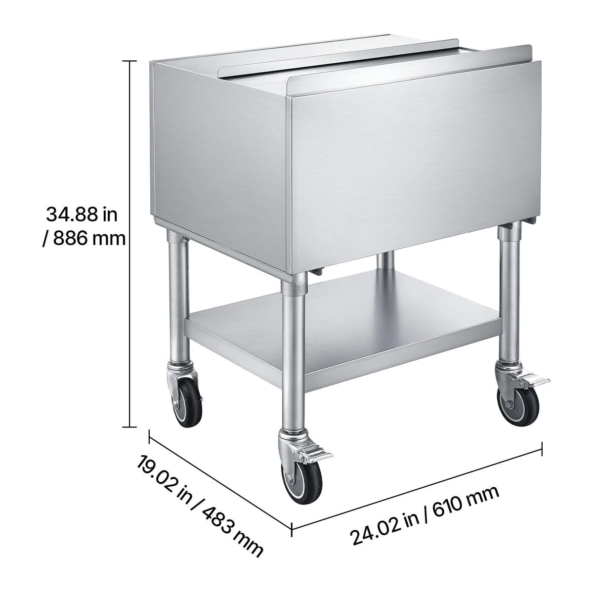 Commercial Ice Bin, 65.1 Qt Max Capacity, 24 x 19 x 35 Inch Stainless Steel Ice Chest with Sliding Lid and Bottle Holders, Cooler Cart Cocktail Unit for Bar Restaurant Pub, NSF Certified