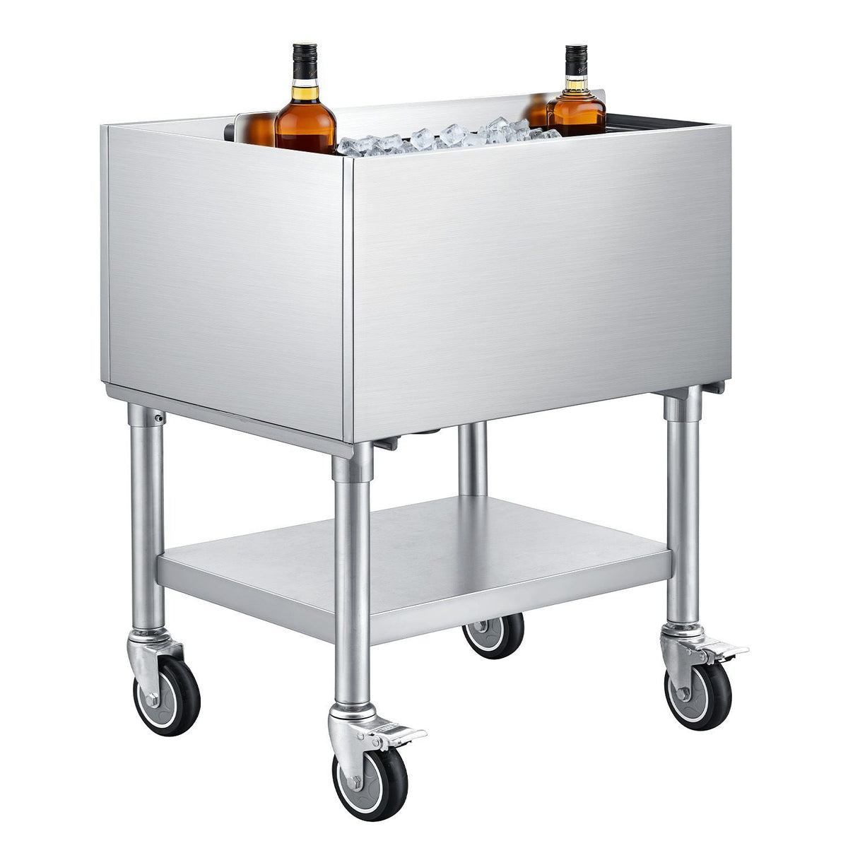 Commercial Ice Bin, 65.1 Qt Max Capacity, 24 x 19 x 35 Inch Stainless Steel Ice Chest with Sliding Lid and Bottle Holders, Cooler Cart Cocktail Unit for Bar Restaurant Pub, NSF Certified