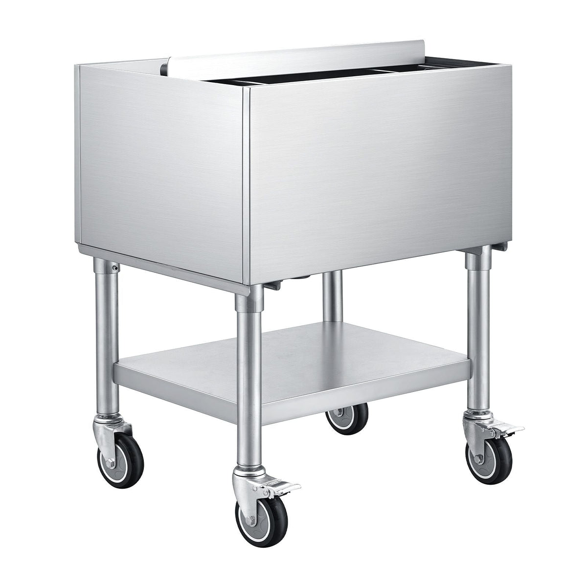 Commercial Ice Bin, 65.1 Qt Max Capacity, 24 x 19 x 35 Inch Stainless Steel Ice Chest with Sliding Lid and Bottle Holders, Cooler Cart Cocktail Unit for Bar Restaurant Pub, NSF Certified