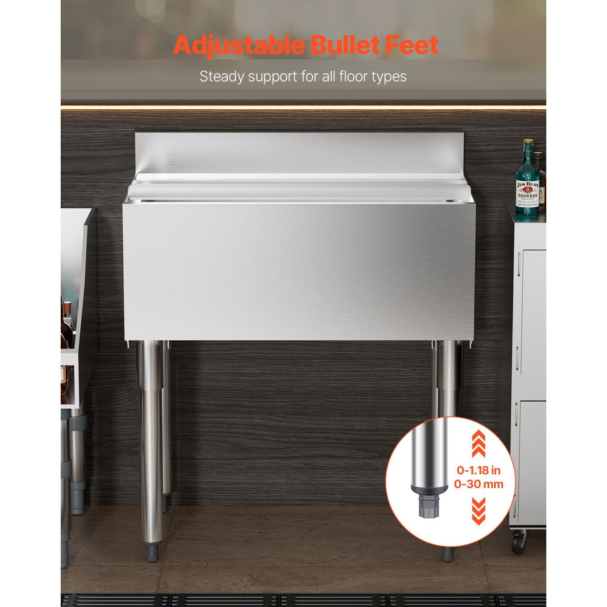 Commercial Ice Bin, 78.4 L Underbar Ice Bin, 30 x 19 x 37 in Stainless Steel Ice Chest with Sliding Lid, Bottle Holders, Adjustable Bullet Feet, Cooler Cart Cocktail Unit for Bar Restaurant Pub