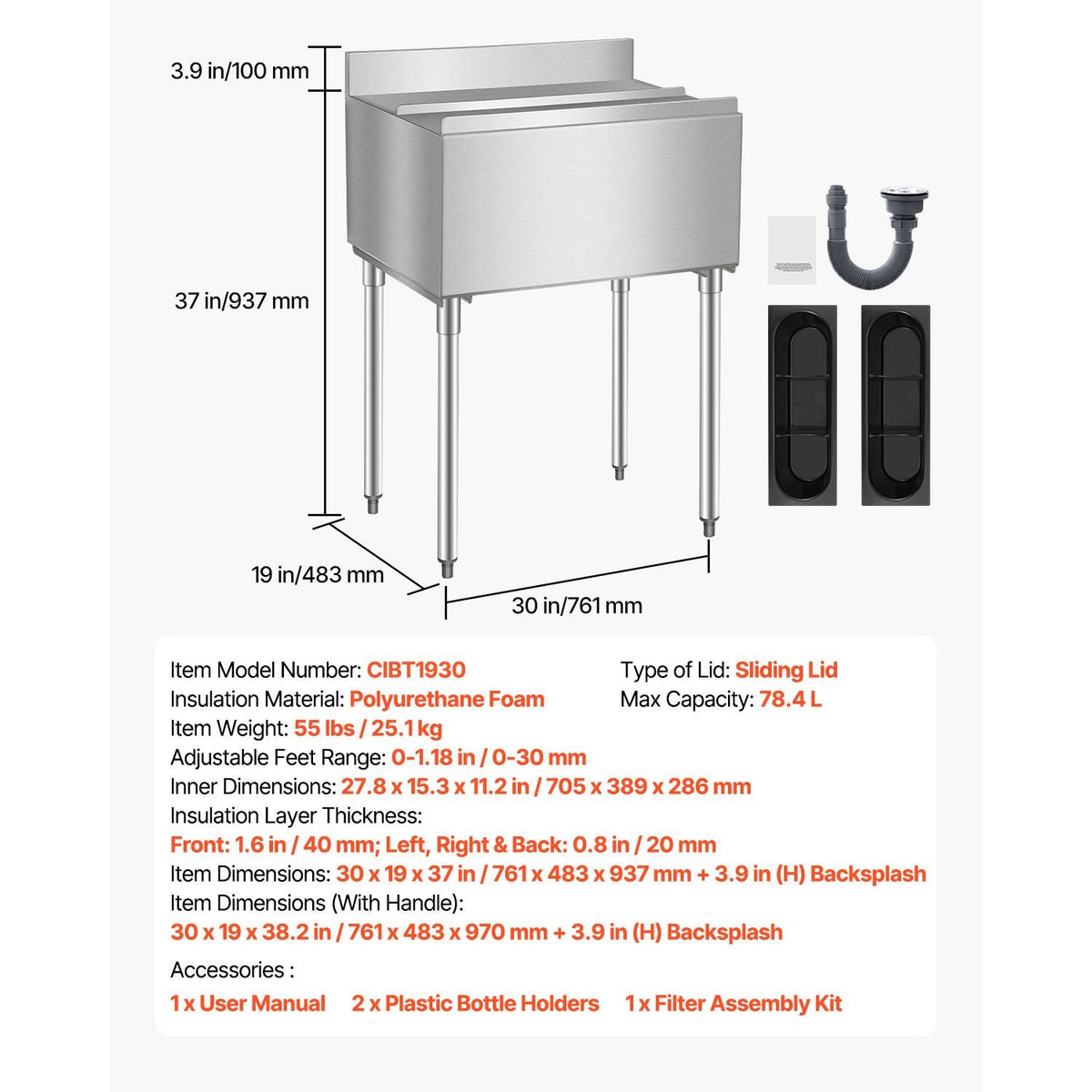 Commercial Ice Bin, 78.4 L Underbar Ice Bin, 30 x 19 x 37 in Stainless Steel Ice Chest with Sliding Lid, Bottle Holders, Adjustable Bullet Feet, Cooler Cart Cocktail Unit for Bar Restaurant Pub