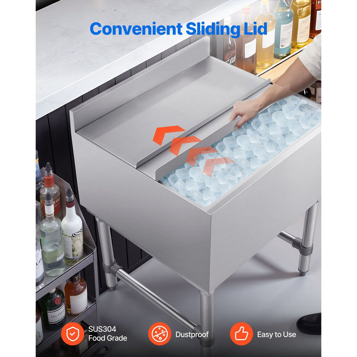 Commercial Ice Bin, 79.9 Qt Max Capacity, 24 x 24 x 33 Inch Stainless Steel Ice Chest with Sliding Lid, 24H Long-Lasting Insulation, Cooler Cart Cocktail Unit for Bar Restaurant Pub, NSF