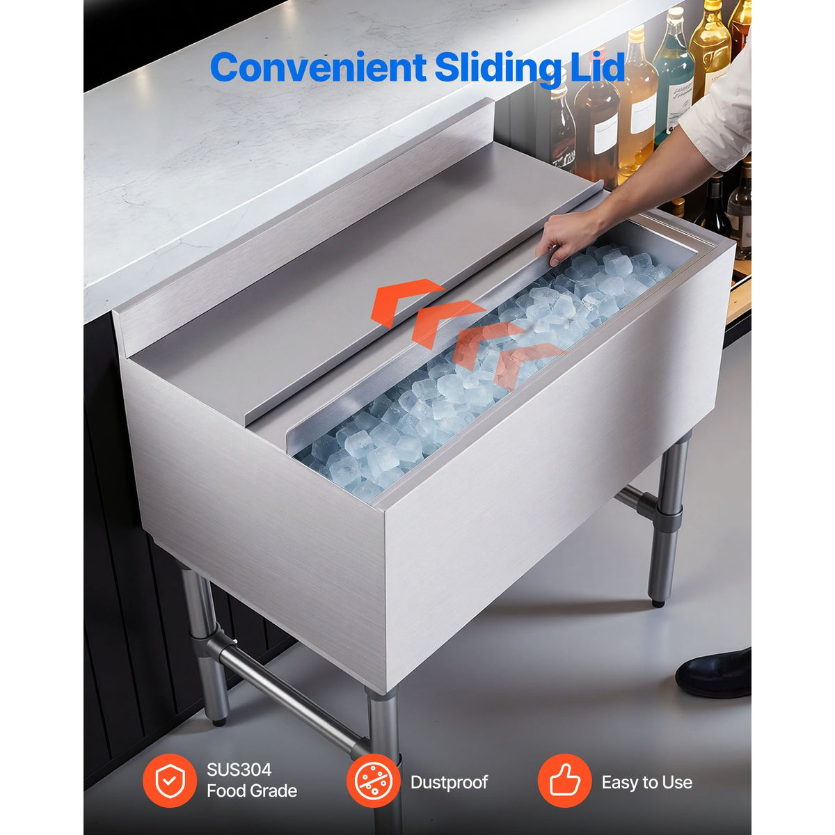 Commercial Ice Bin, 82.9 Qt Max Capacity, 30 x 19 x 33 Inch Stainless Steel Ice Chest with Sliding Lid and Bottle Holders, Cooler Cart Cocktail Unit for Bar Restaurant Pub, NSF Certified