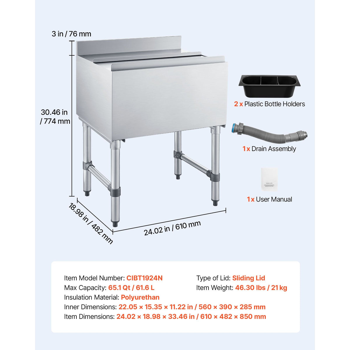 Commercial Ice Bin, 82.9 Qt Max Capacity, 30 x 19 x 33 Inch Stainless Steel Ice Chest with Sliding Lid and Bottle Holders, Cooler Cart Cocktail Unit for Bar Restaurant Pub, NSF Certified