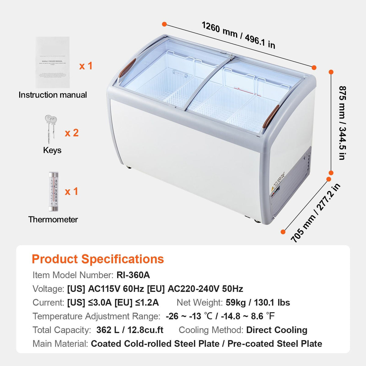 Commercial Ice Cream Display Case, 12.8 Cu.ft Chest Freezer, Mobile Glass Top Deep Freezer, Restaurant Gelato Dipping Cabinet with 4 Wire Baskets, 2 Sliding Glass Doosr, Locking Casters, White