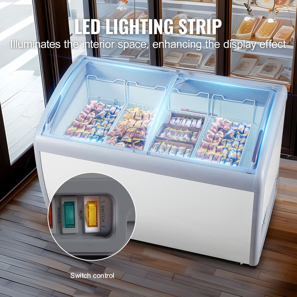 Commercial Ice Cream Display Case, 12.8 Cu.ft Chest Freezer, Mobile Glass Top Deep Freezer, Restaurant Gelato Dipping Cabinet with 4 Wire Baskets, 2 Sliding Glass Doosr, Locking Casters, White