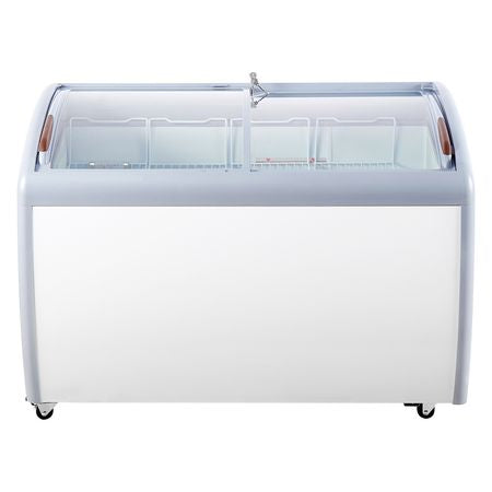 Commercial Ice Cream Display Case, 12.8 Cu.ft Chest Freezer, Mobile Glass Top Deep Freezer, Restaurant Gelato Dipping Cabinet with 4 Wire Baskets, 2 Sliding Glass Doosr, Locking Casters, White