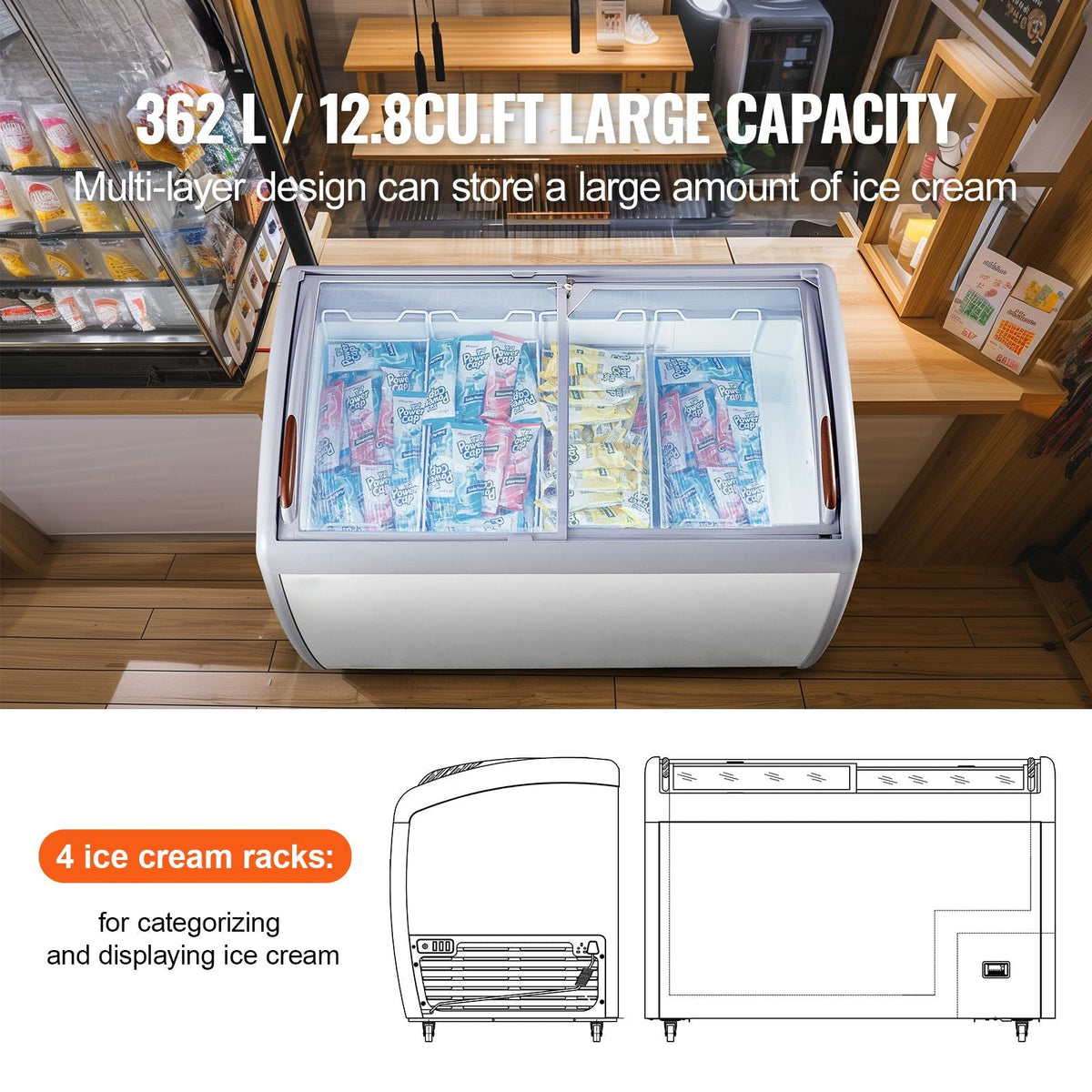 Commercial Ice Cream Display Case, 12.8 Cu.ft Chest Freezer, Mobile Glass Top Deep Freezer, Restaurant Gelato Dipping Cabinet with 4 Wire Baskets, 2 Sliding Glass Doosr, Locking Casters, White