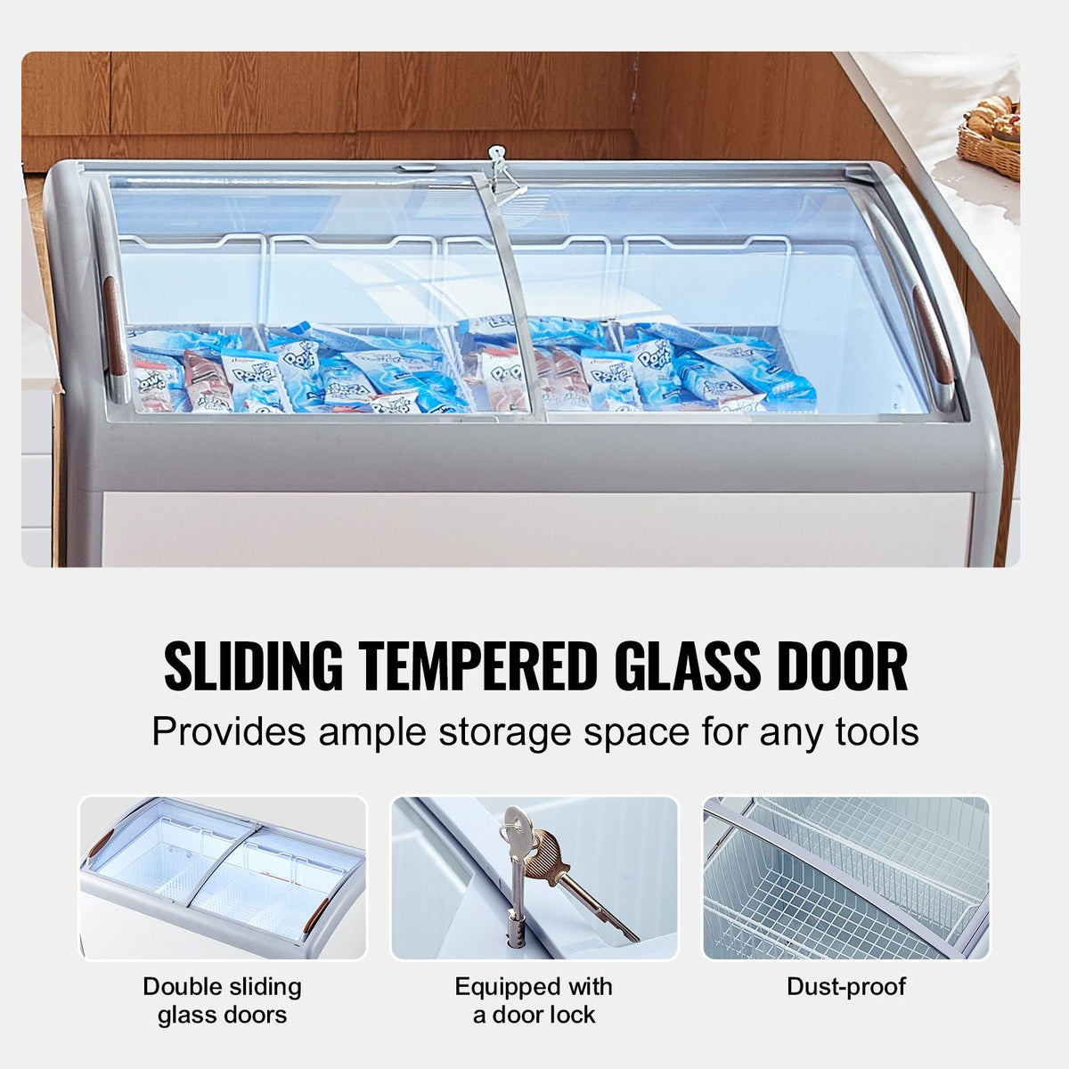 Commercial Ice Cream Display Case, 12.8 Cu.ft Chest Freezer, Mobile Glass Top Deep Freezer, Restaurant Gelato Dipping Cabinet with 4 Wire Baskets, 2 Sliding Glass Doosr, Locking Casters, White