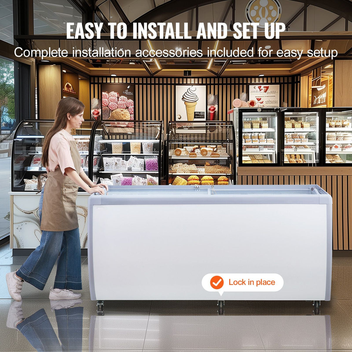 Commercial Ice Cream Display Case, 13.1 Cu.ft Chest Freezer, Mobile Glass Top Deep Freezer, Restaurant Gelato Dipping Cabinet with 8 Large Tubs, 2 Sliding Glass Doors, Locking Casters, White