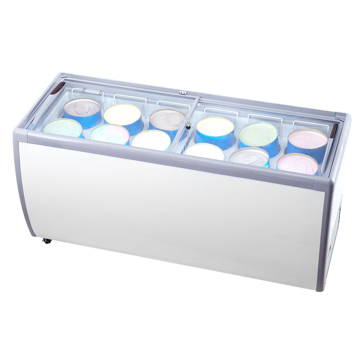 Commercial Ice Cream Display Case, 13.1 Cu.ft Chest Freezer, Mobile Glass Top Deep Freezer, Restaurant Gelato Dipping Cabinet with 8 Large Tubs, 2 Sliding Glass Doors, Locking Casters, White