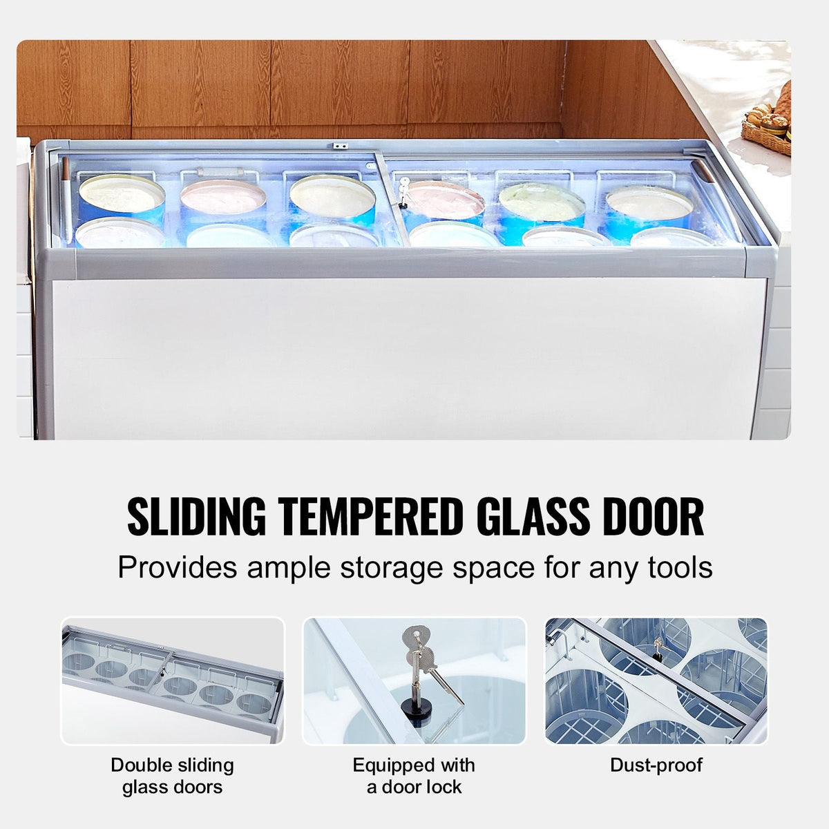 Commercial Ice Cream Display Case, 13.1 Cu.ft Chest Freezer, Mobile Glass Top Deep Freezer, Restaurant Gelato Dipping Cabinet with 8 Large Tubs, 2 Sliding Glass Doors, Locking Casters, White
