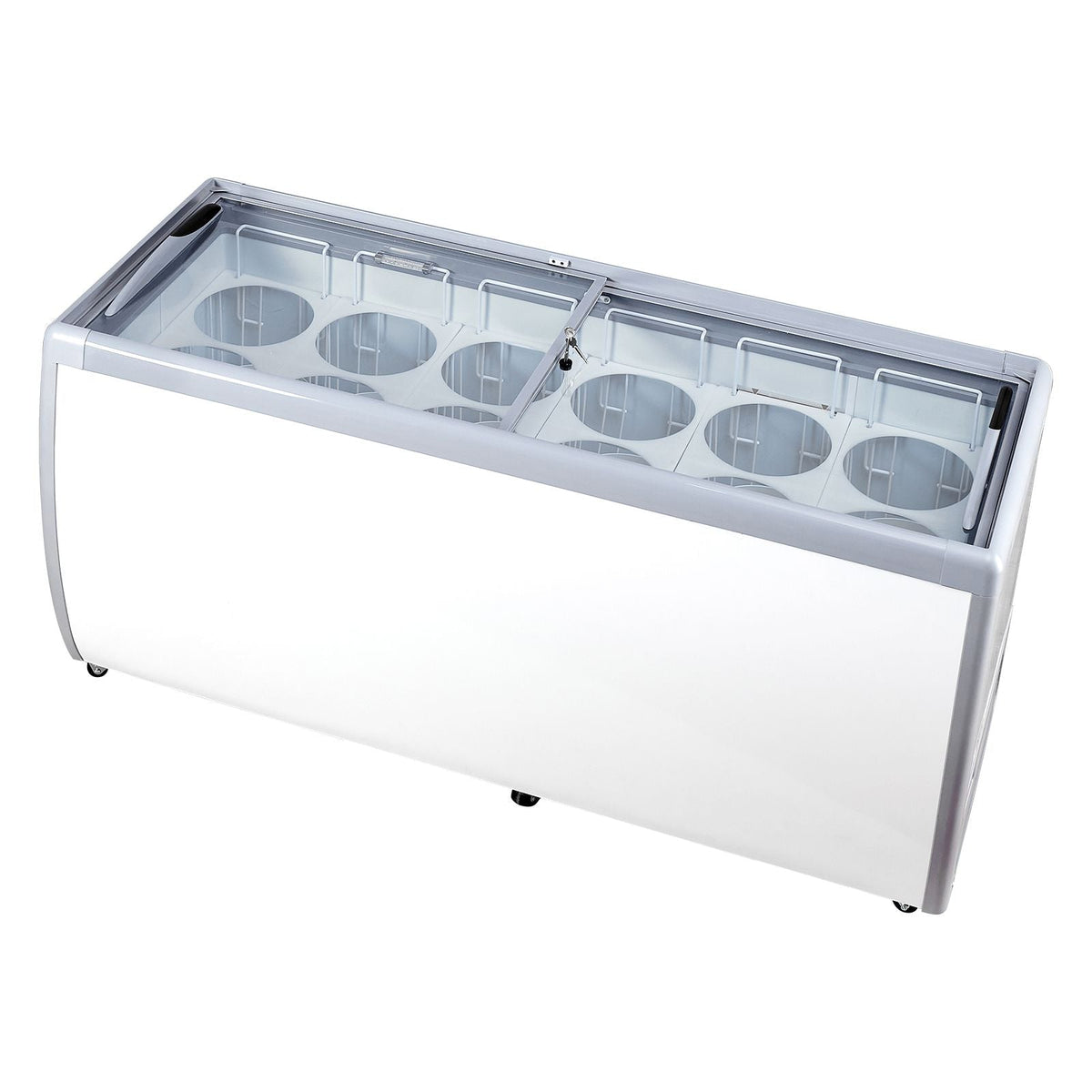 Commercial Ice Cream Display Case, 13.1 Cu.ft Chest Freezer, Mobile Glass Top Deep Freezer, Restaurant Gelato Dipping Cabinet with 8 Large Tubs, 2 Sliding Glass Doors, Locking Casters, White