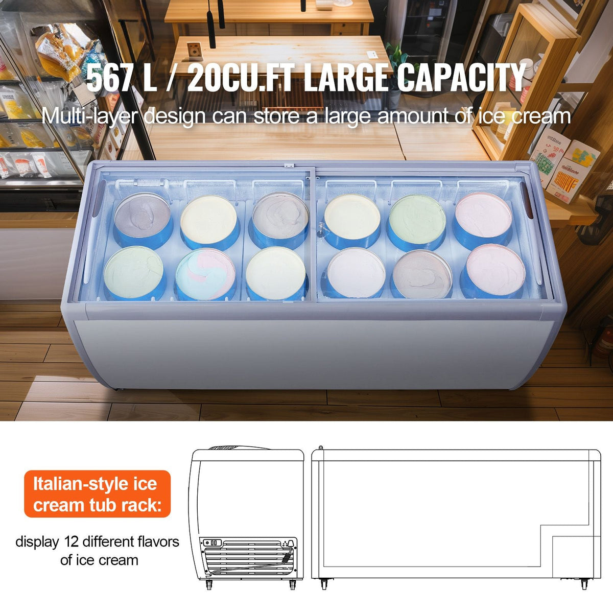 Commercial Ice Cream Display Case, 13.1 Cu.ft Chest Freezer, Mobile Glass Top Deep Freezer, Restaurant Gelato Dipping Cabinet with 8 Large Tubs, 2 Sliding Glass Doors, Locking Casters, White