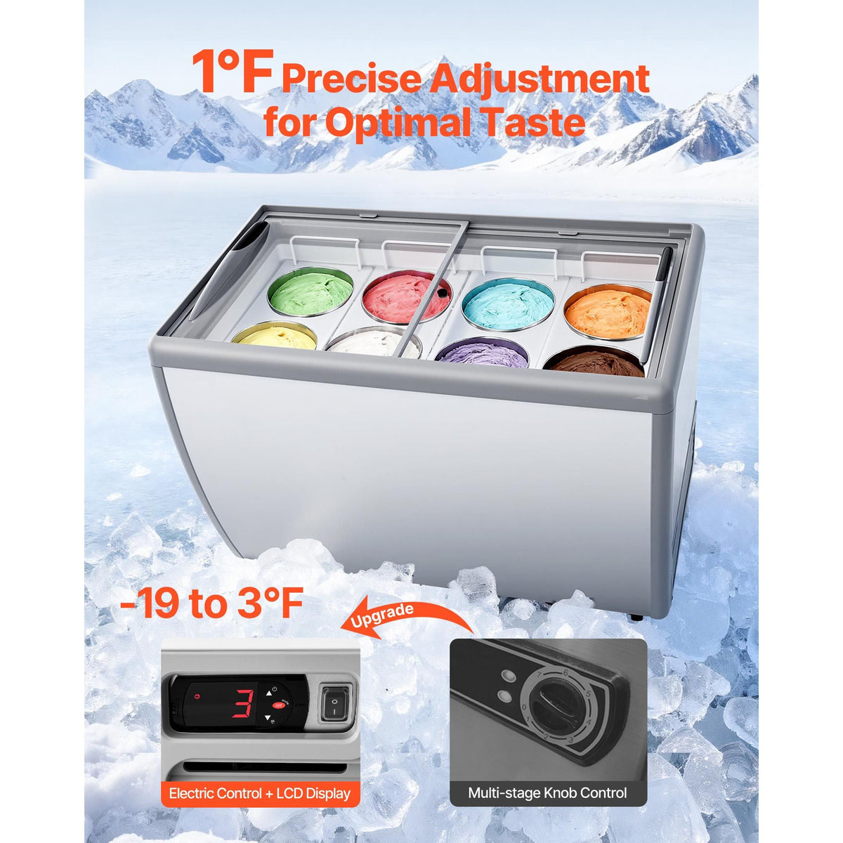 Commercial Ice Cream Display Case, 13.1 Cu.ft Chest Freezer, Restaurant Gelato Dipping Cabinet Top Deep Freezer with Locking Casters, Sliding Glass Door, LED Lighting, Hold 8 Ice Cream Tubs