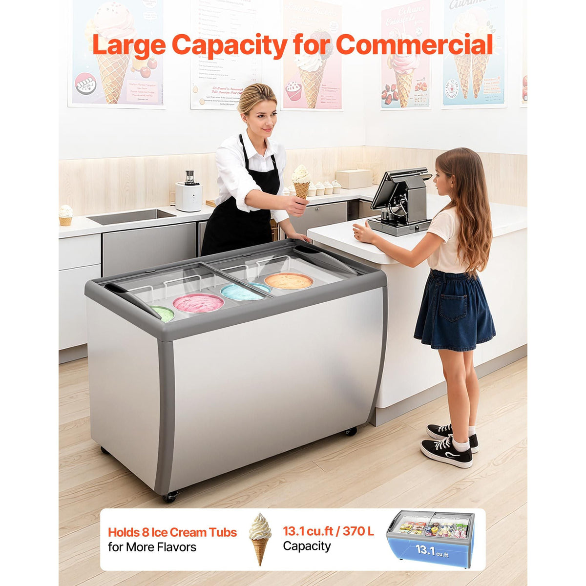 Commercial Ice Cream Display Case, 13.1 Cu.ft Chest Freezer, Restaurant Gelato Dipping Cabinet Top Deep Freezer with Locking Casters, Sliding Glass Door, LED Lighting, Hold 8 Ice Cream Tubs