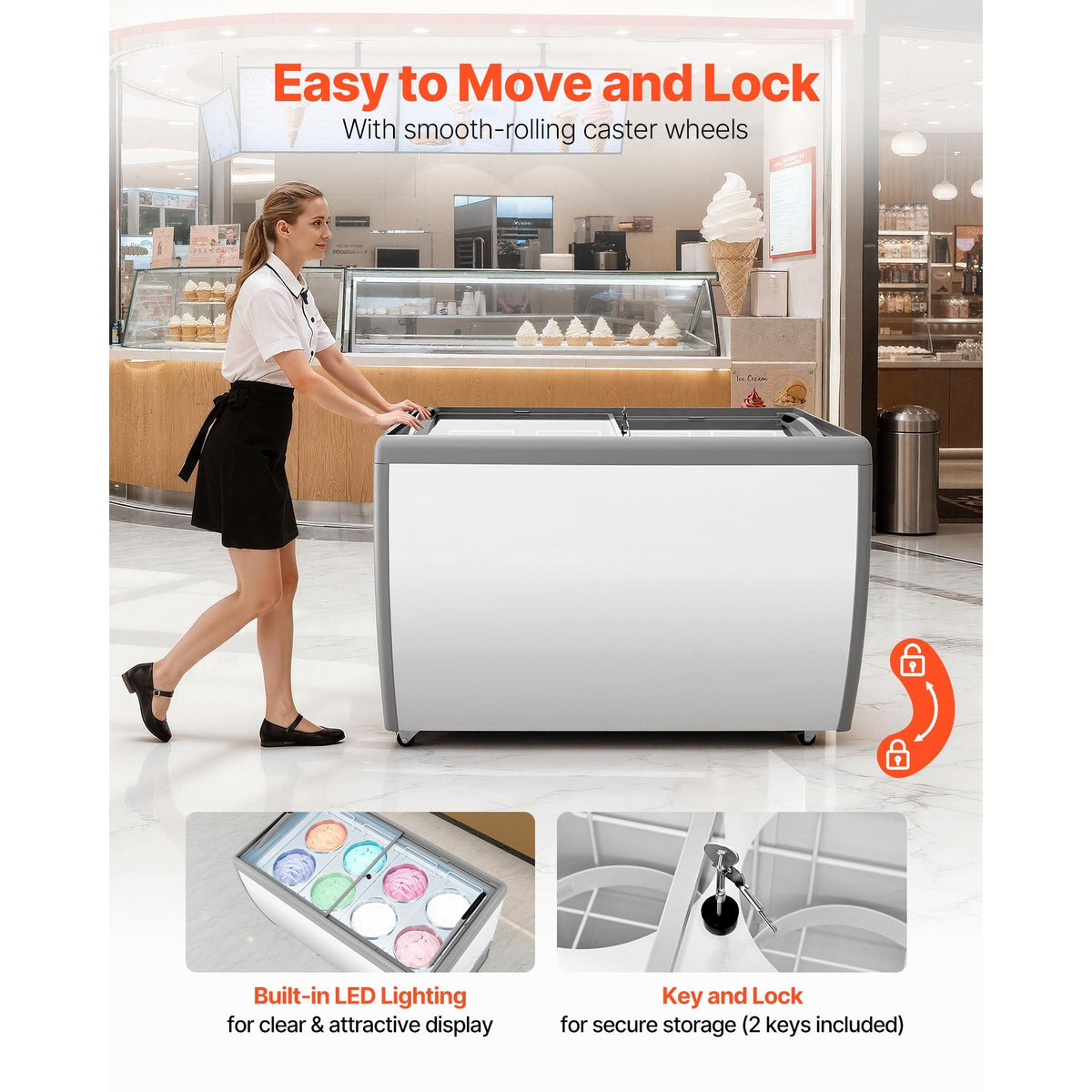 Commercial Ice Cream Display Case, 13.1 Cu.ft Chest Freezer, Restaurant Gelato Dipping Cabinet Top Deep Freezer with Locking Casters, Sliding Glass Door, LED Lighting, Hold 8 Ice Cream Tubs