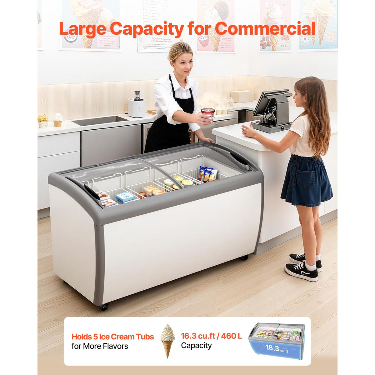 Commercial Ice Cream Display Case, 16.3 Cu.ft Chest Freezer, -19 to 3 F Temp Adjustable Mobile Top Deep Freezer with 5 Wire Baskets, 2 Sliding Glass Doors, Locking Casters & LED Strip Lighting