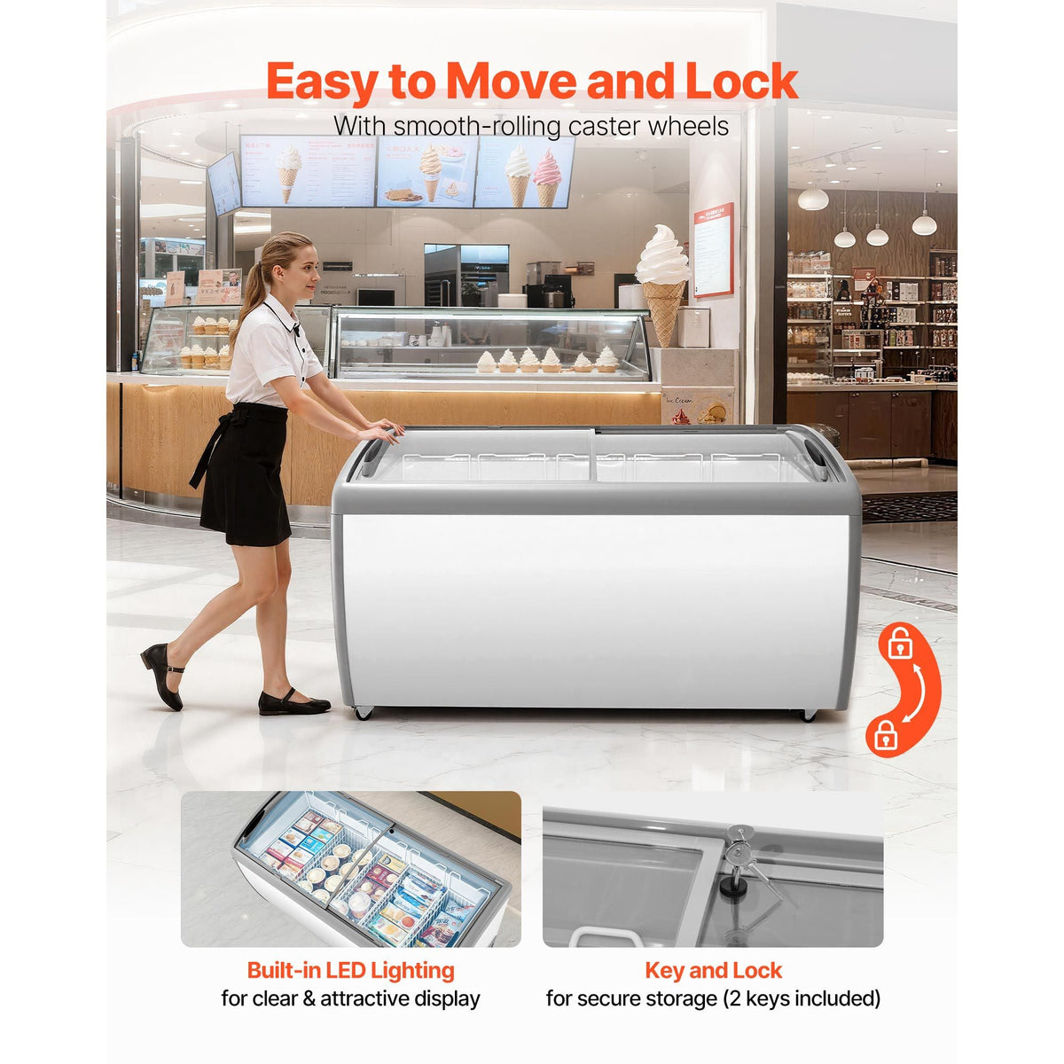 Commercial Ice Cream Display Case, 16.3 Cu.ft Chest Freezer, -19 to 3 F Temp Adjustable Mobile Top Deep Freezer with 5 Wire Baskets, 2 Sliding Glass Doors, Locking Casters & LED Strip Lighting