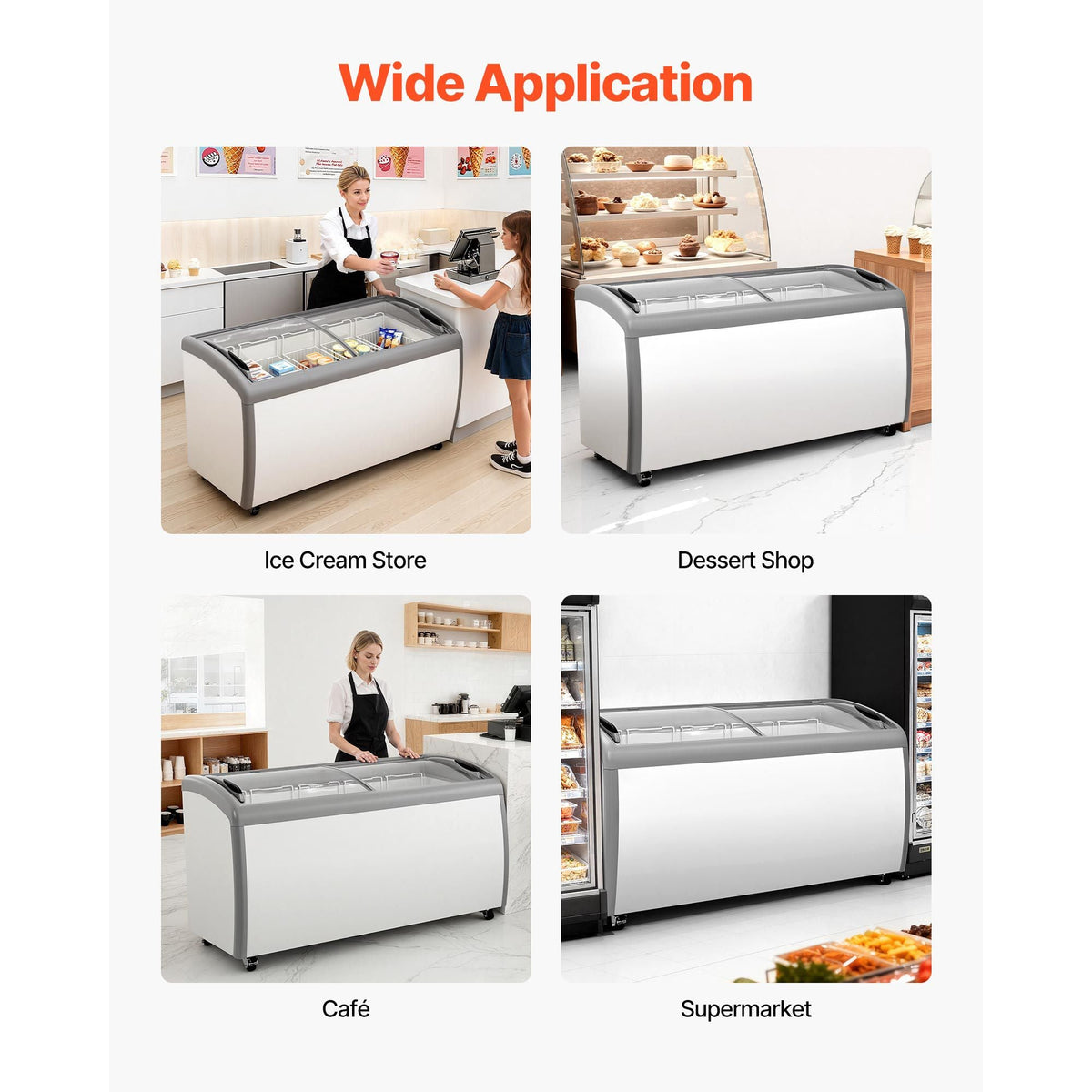 Commercial Ice Cream Display Case, 16.3 Cu.ft Chest Freezer, -19 to 3 F Temp Adjustable Mobile Top Deep Freezer with 5 Wire Baskets, 2 Sliding Glass Doors, Locking Casters & LED Strip Lighting