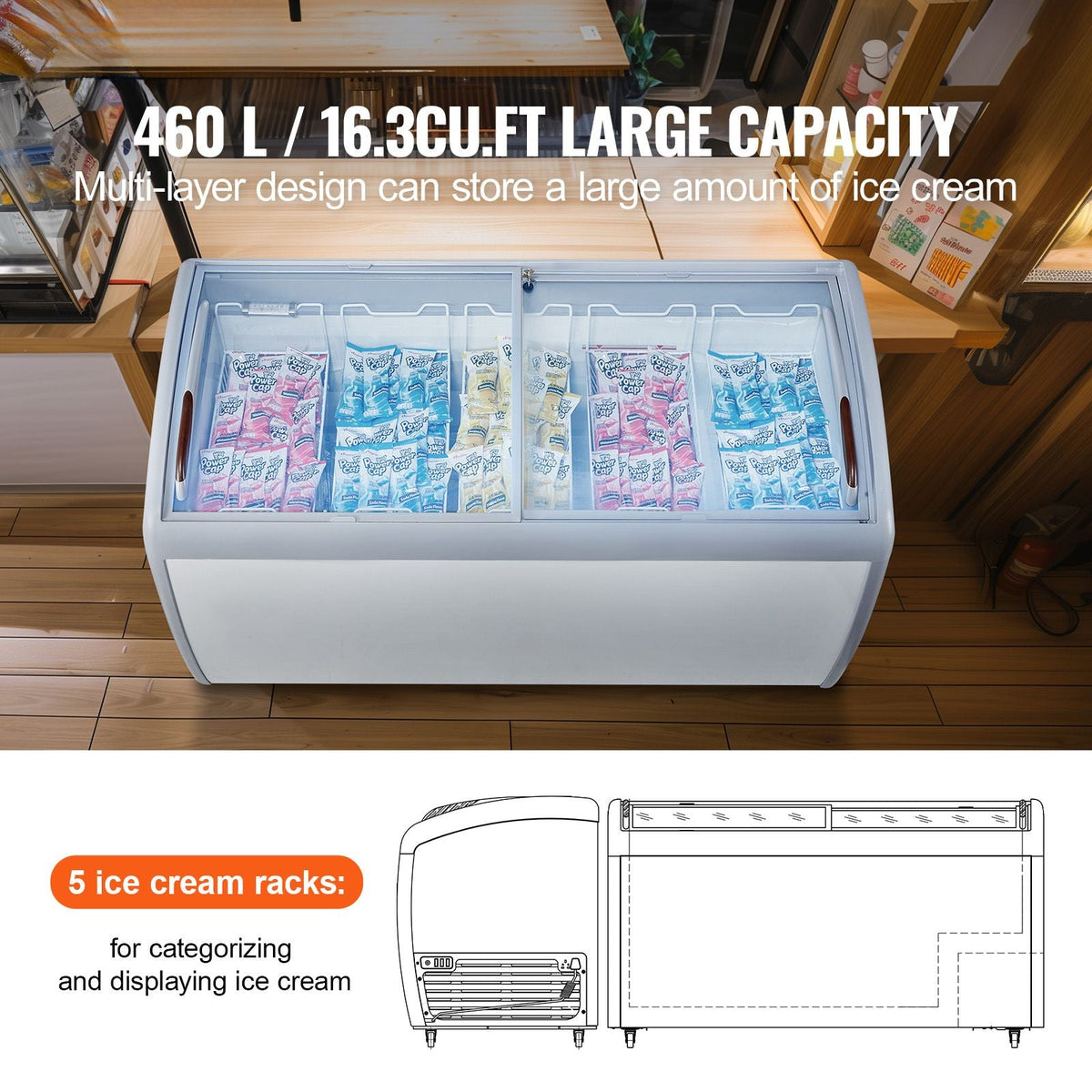 Commercial Ice Cream Display Case, 16.3 Cu.ft Chest Freezer, Mobile Glass Top Deep Freezer, Restaurant Gelato Dipping Cabinet with 5 Wire Baskets, 2 Sliding Glass Doosr, Locking Casters, White