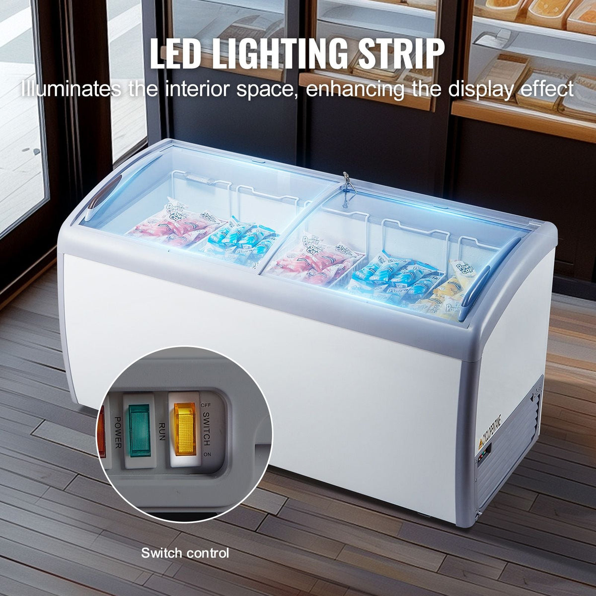 Commercial Ice Cream Display Case, 16.3 Cu.ft Chest Freezer, Mobile Glass Top Deep Freezer, Restaurant Gelato Dipping Cabinet with 5 Wire Baskets, 2 Sliding Glass Doosr, Locking Casters, White
