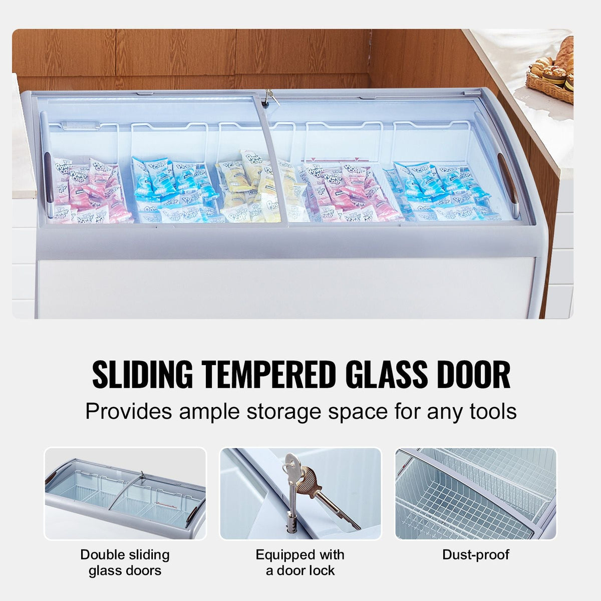 Commercial Ice Cream Display Case, 16.3 Cu.ft Chest Freezer, Mobile Glass Top Deep Freezer, Restaurant Gelato Dipping Cabinet with 5 Wire Baskets, 2 Sliding Glass Doosr, Locking Casters, White